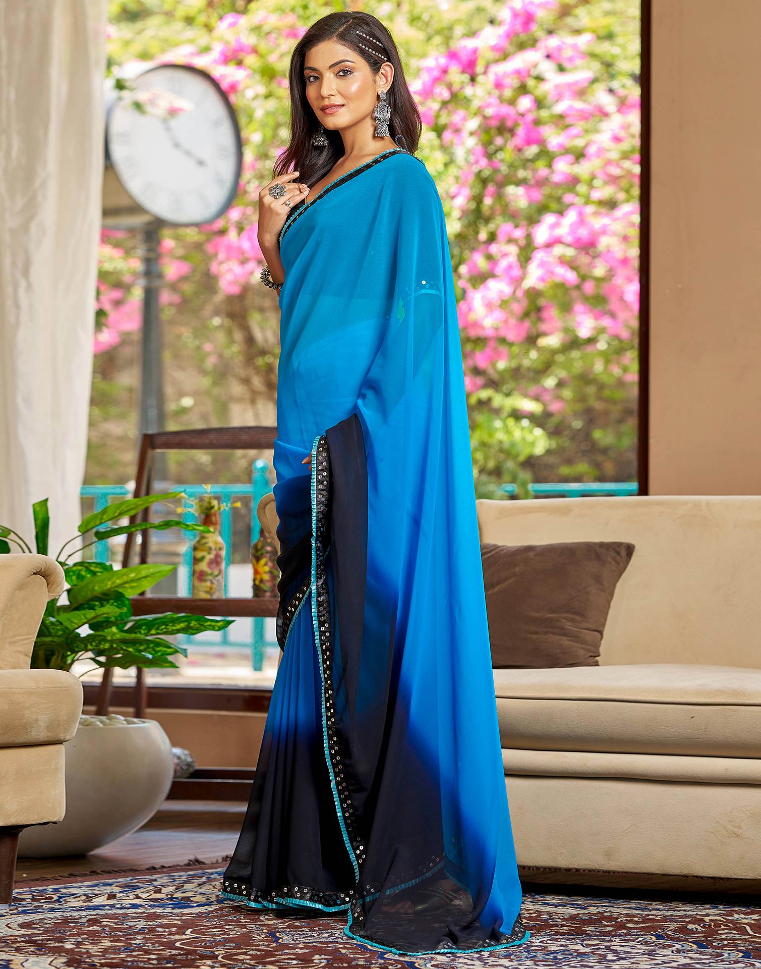 Blue Georgette Lace Solid Saree