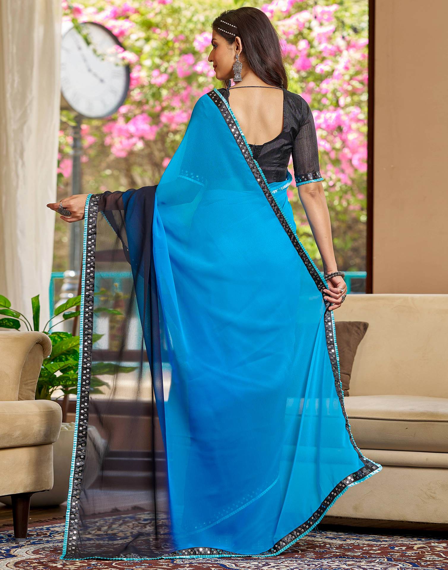 Blue Georgette Lace Solid Saree