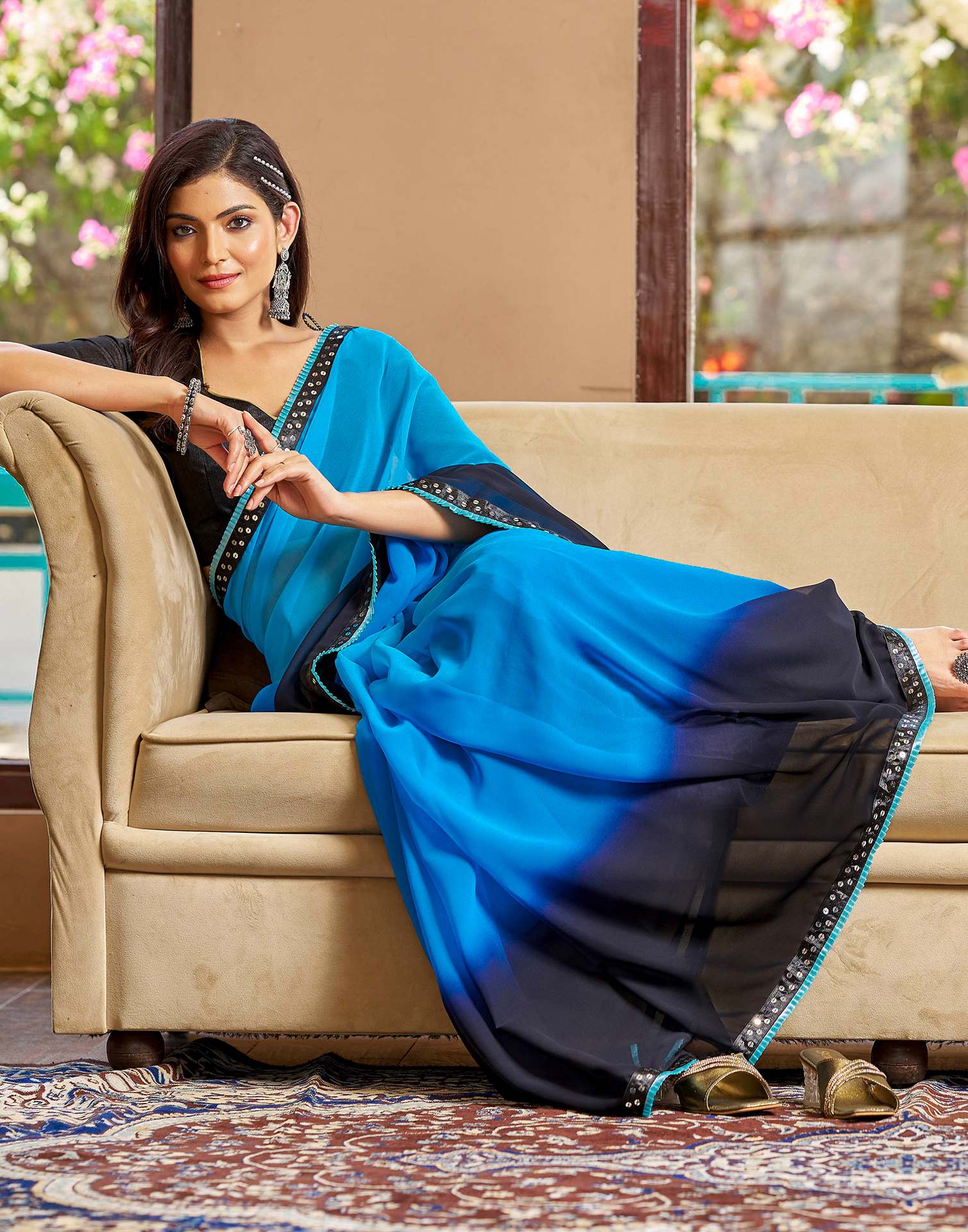 Blue Georgette Lace Solid Saree