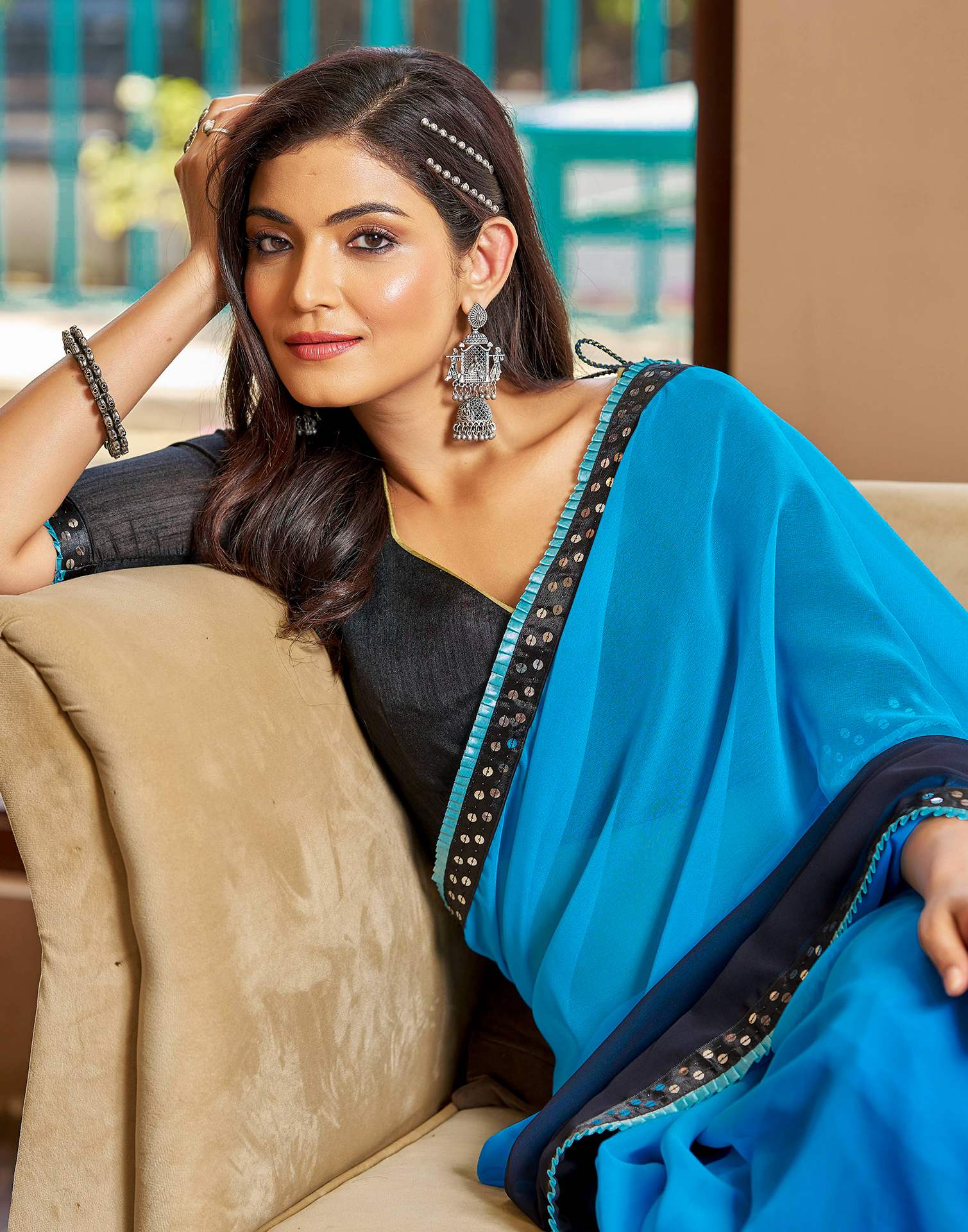 Blue Georgette Lace Solid Saree