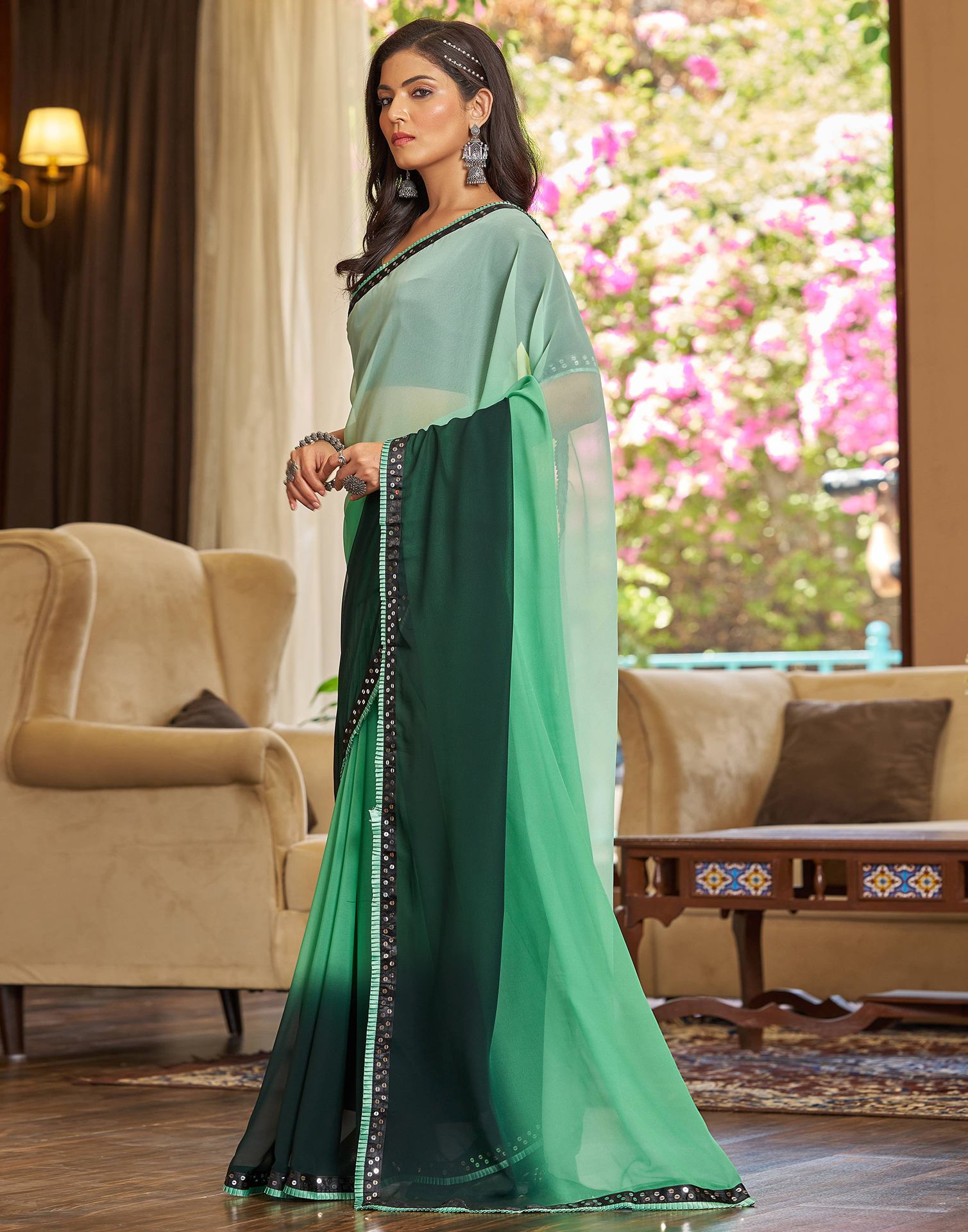 Light Green Georgette Lace Solid Saree