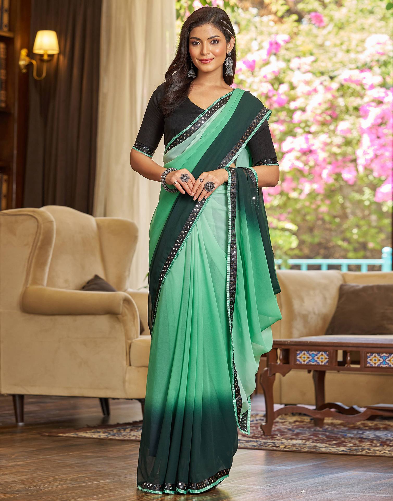 Light Green Georgette Lace Solid Saree