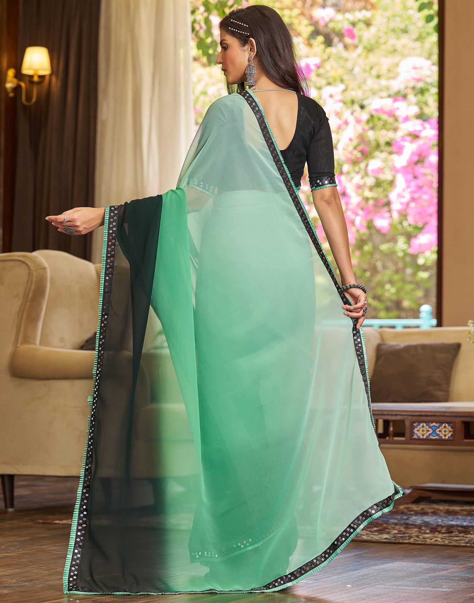 Light Green Georgette Lace Solid Saree