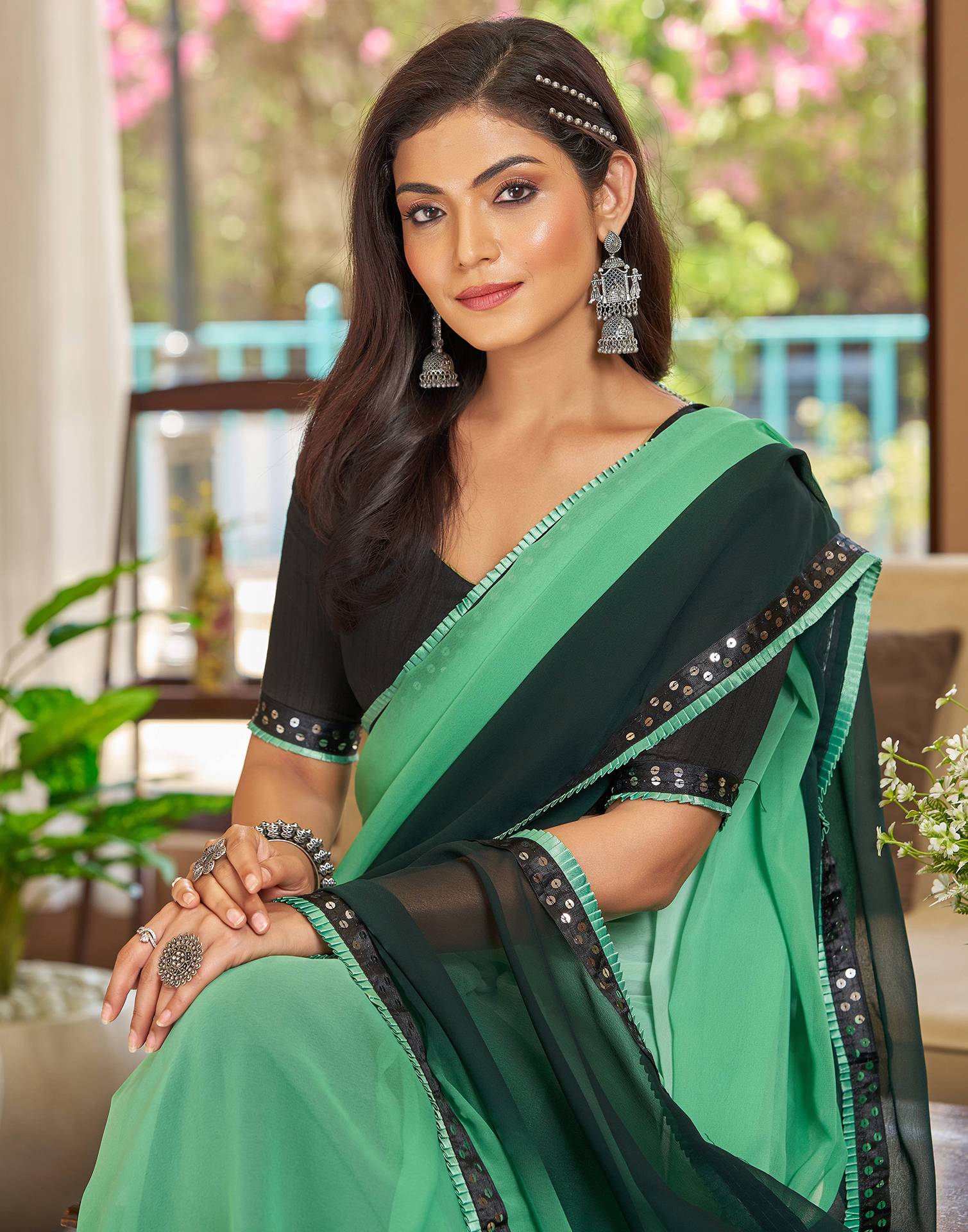Light Green Georgette Lace Solid Saree