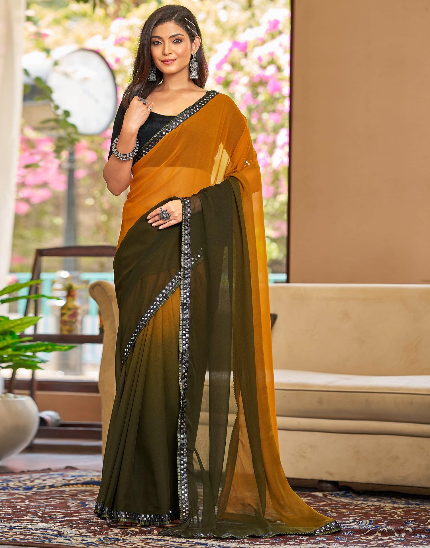 Mustard Yellow Georgette Lace Solid Saree