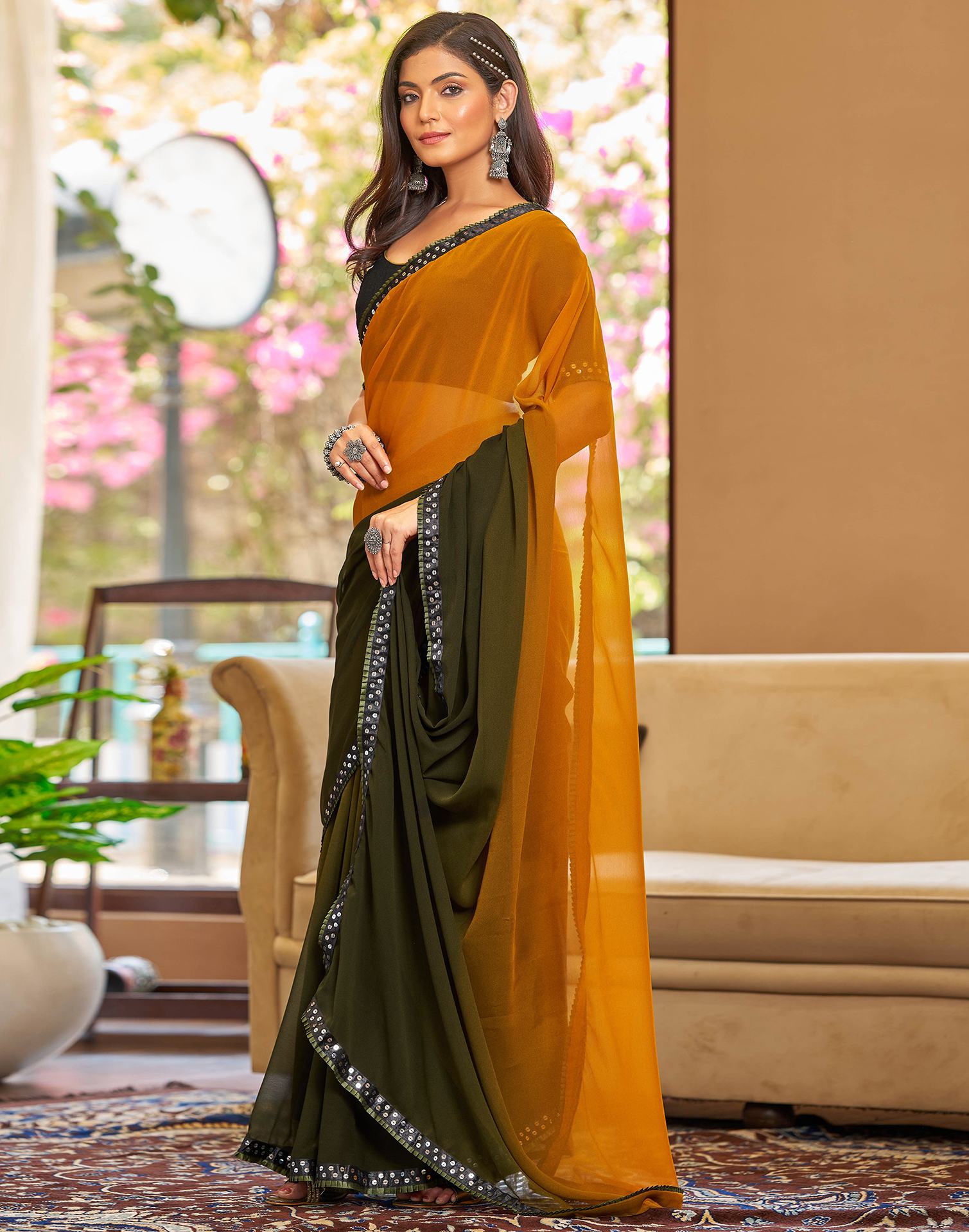 Mustard Yellow Georgette Lace Solid Saree