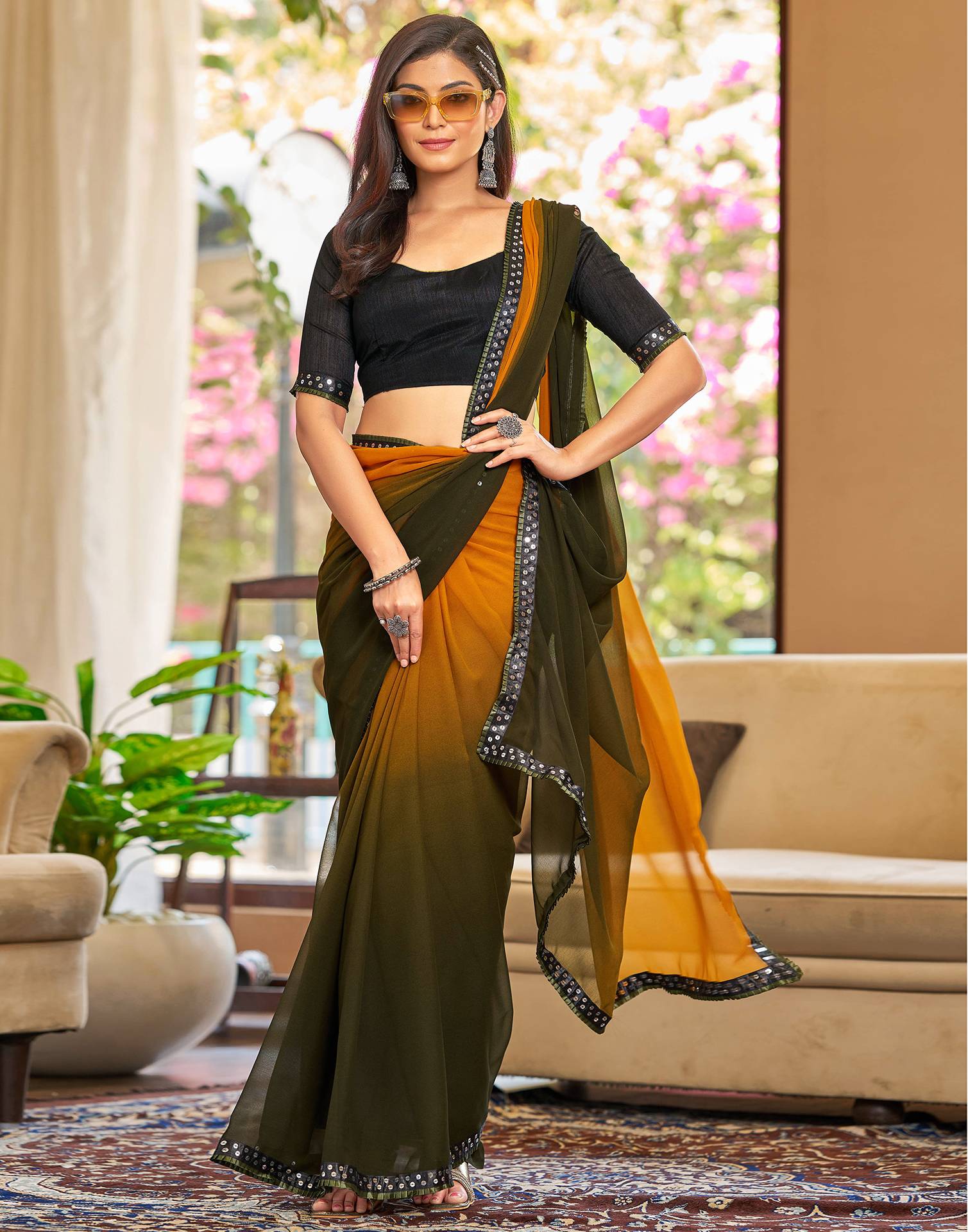 Mustard Yellow Georgette Lace Solid Saree