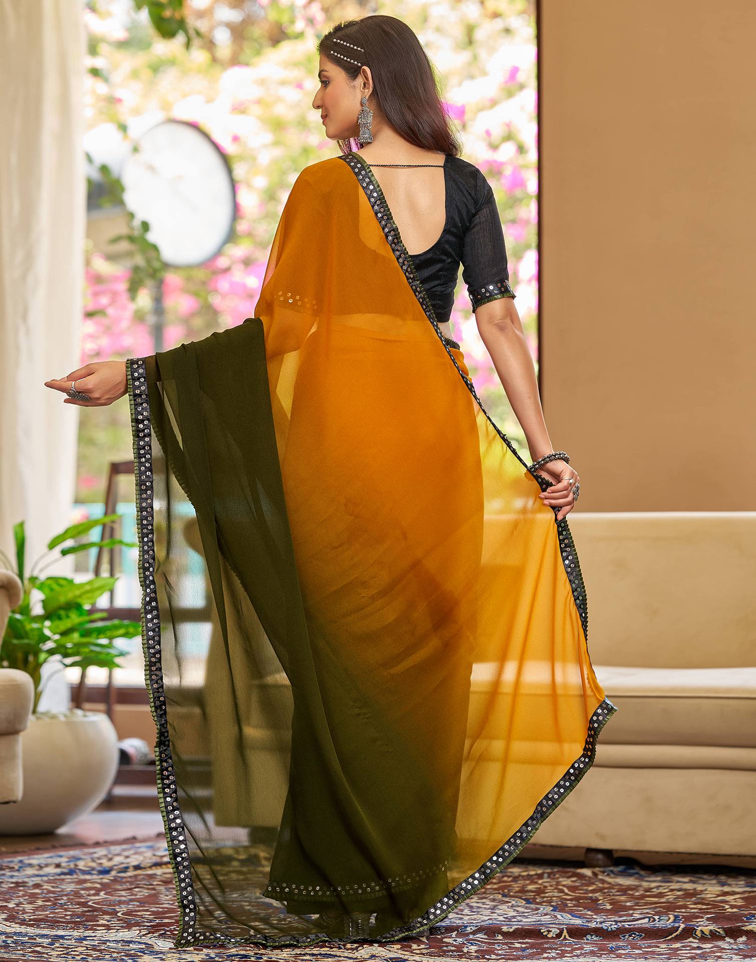 Mustard Yellow Georgette Lace Solid Saree