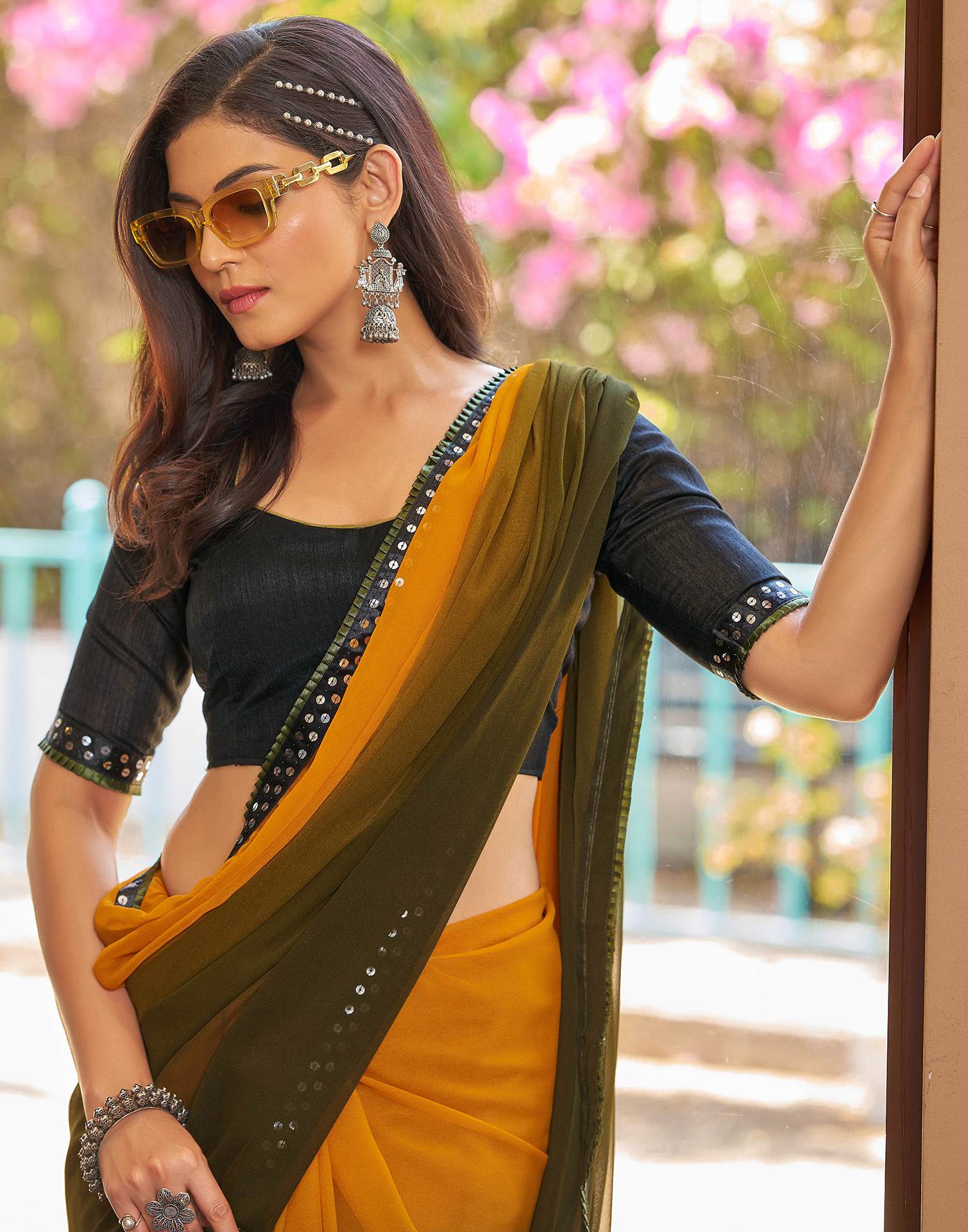 Mustard Yellow Georgette Lace Solid Saree