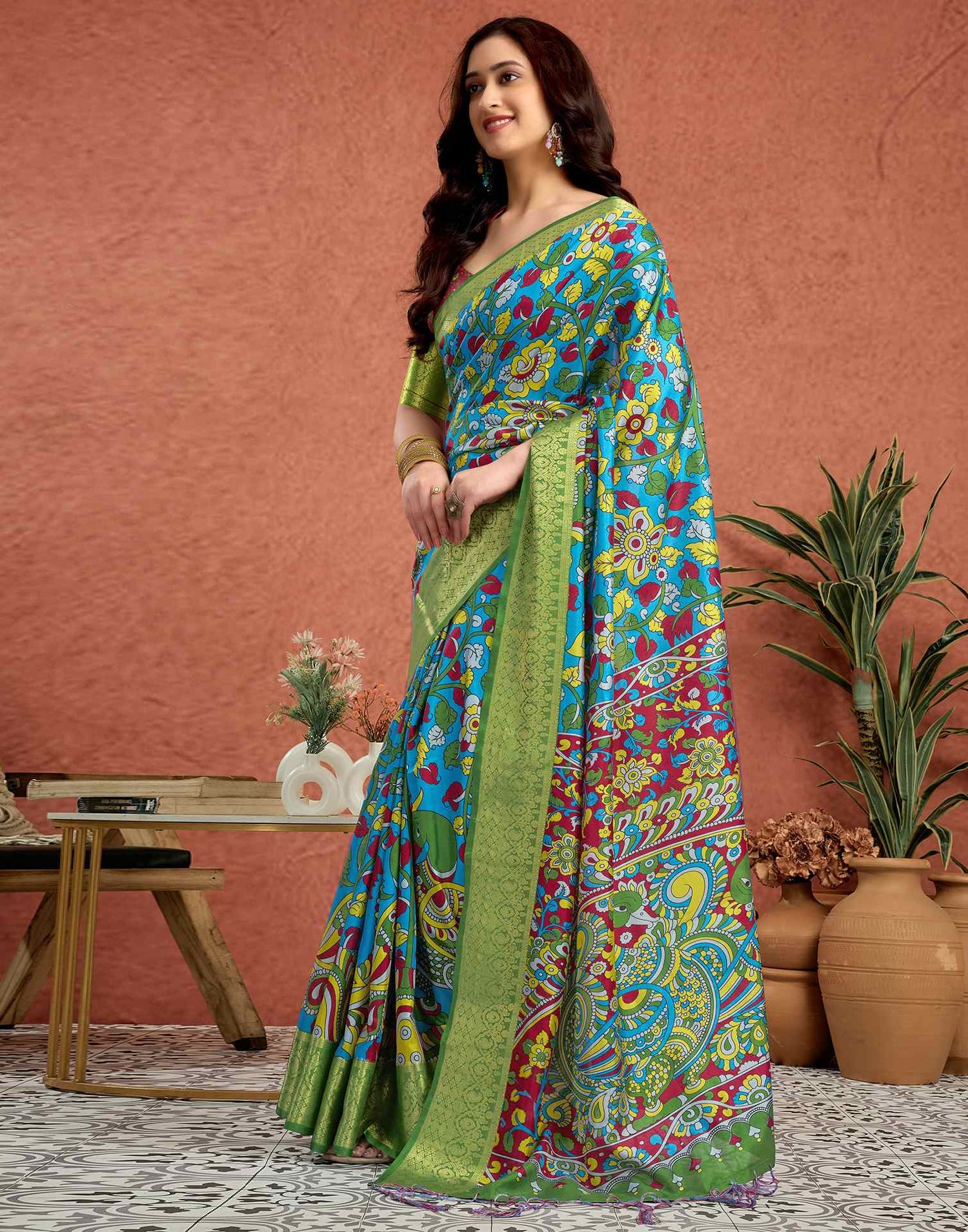 Blue Tussar Silk Printed Kalamkari Saree