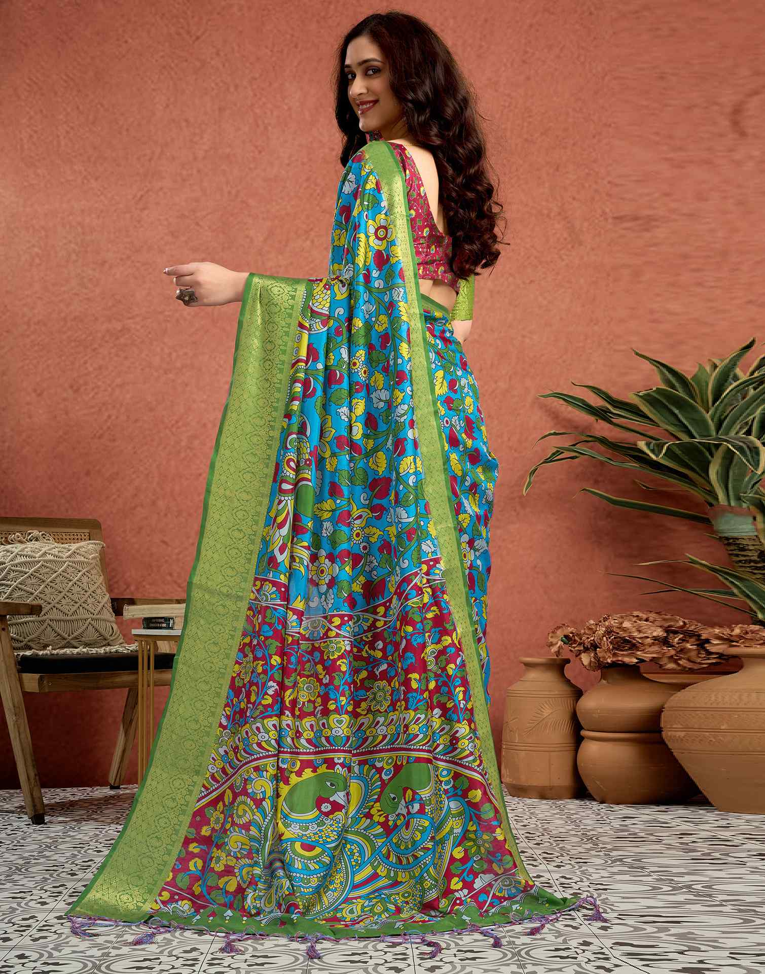 Blue Tussar Silk Printed Kalamkari Saree