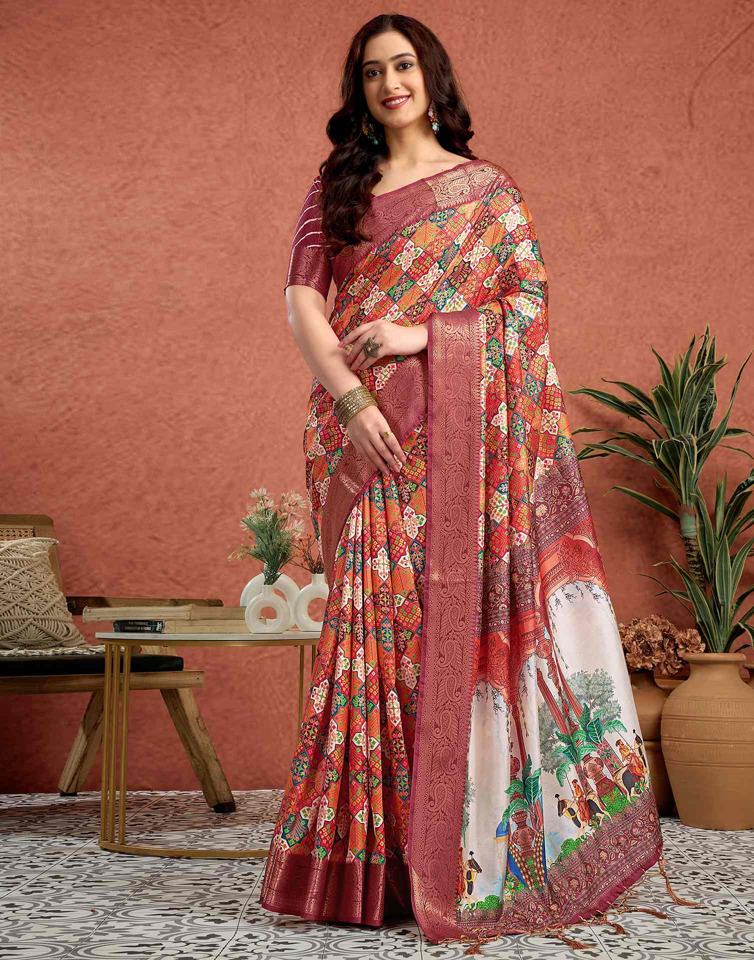 Orange Tussar Silk Printed Saree
