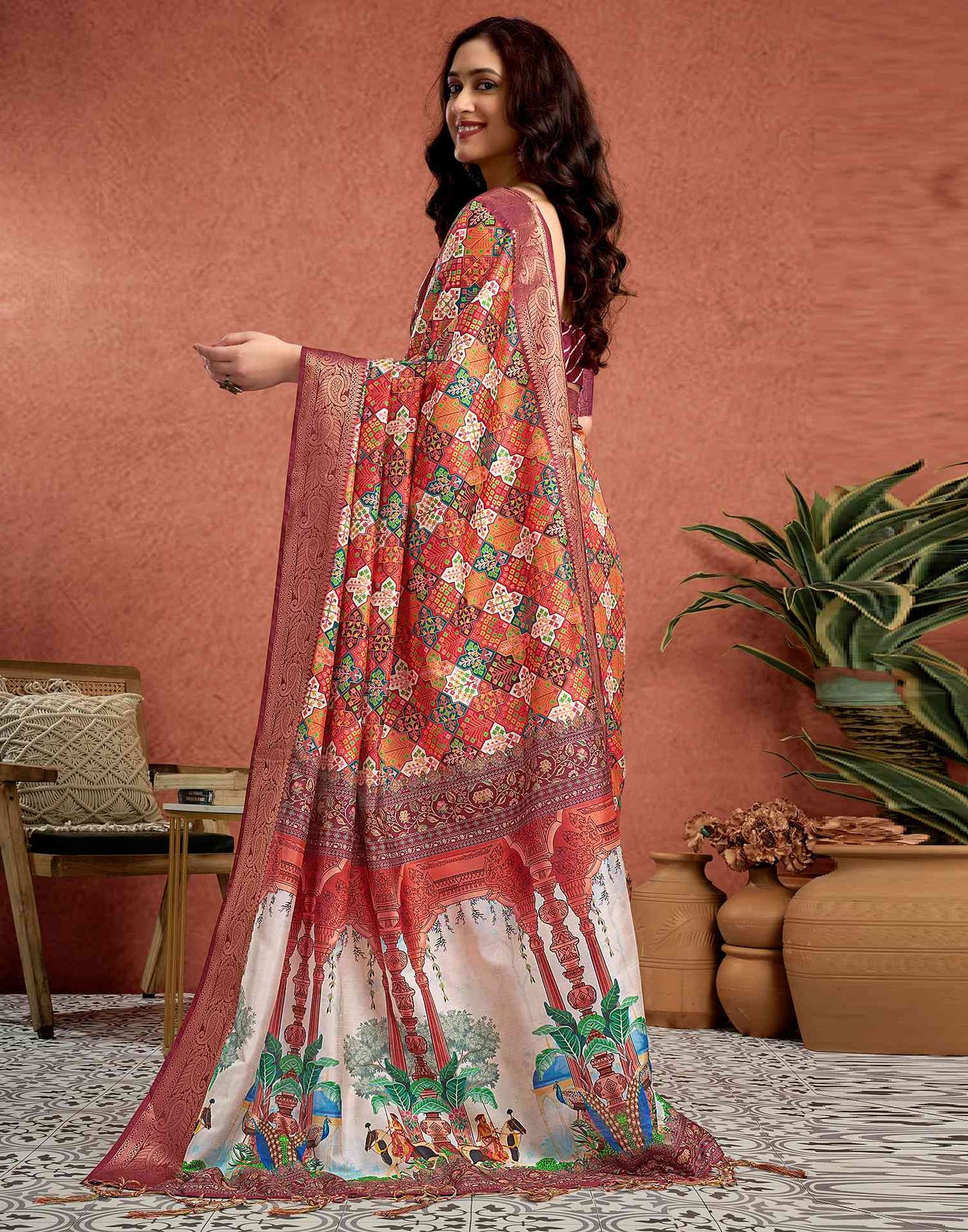 Orange Tussar Silk Printed Saree