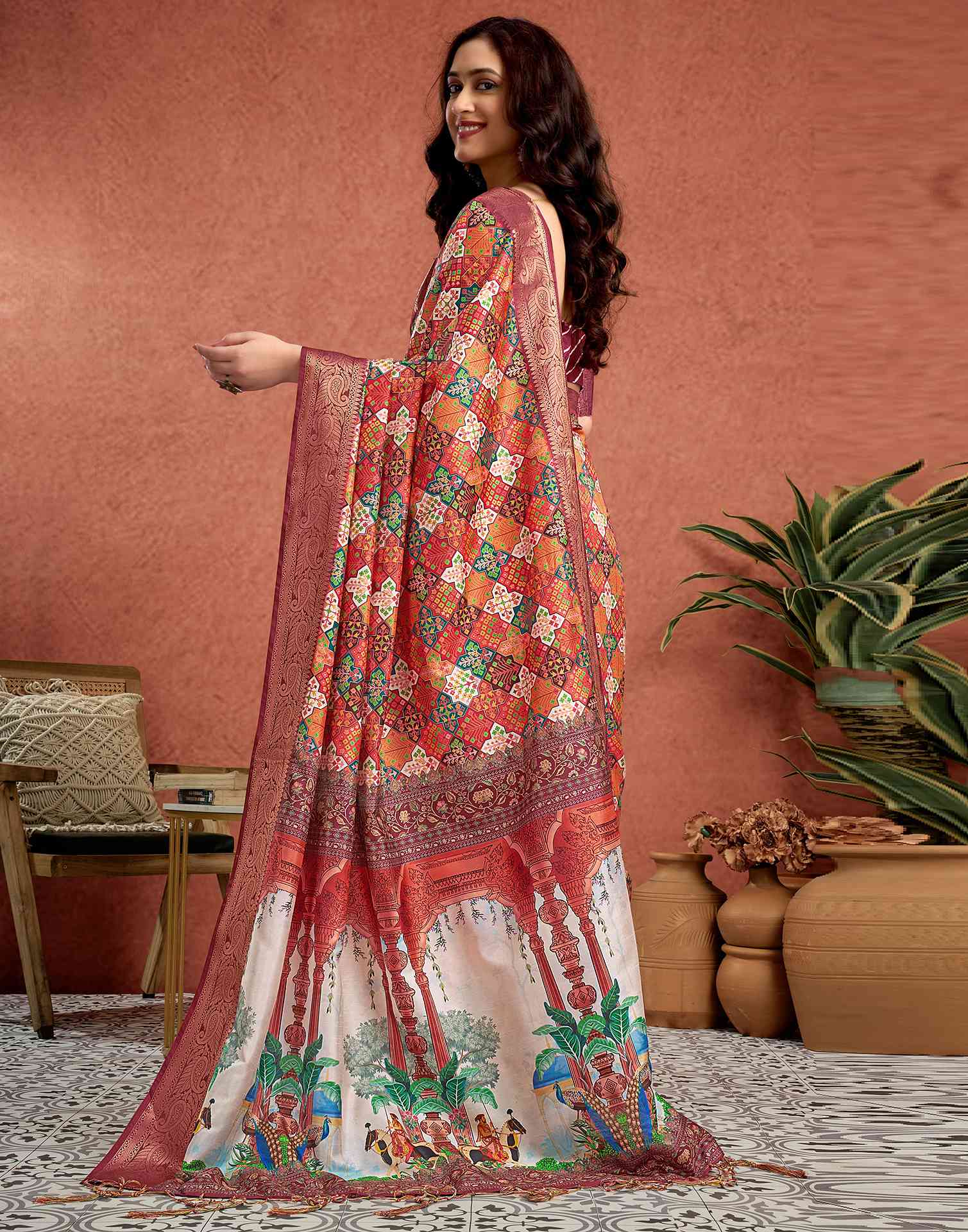 Orange Tussar Silk Printed Saree