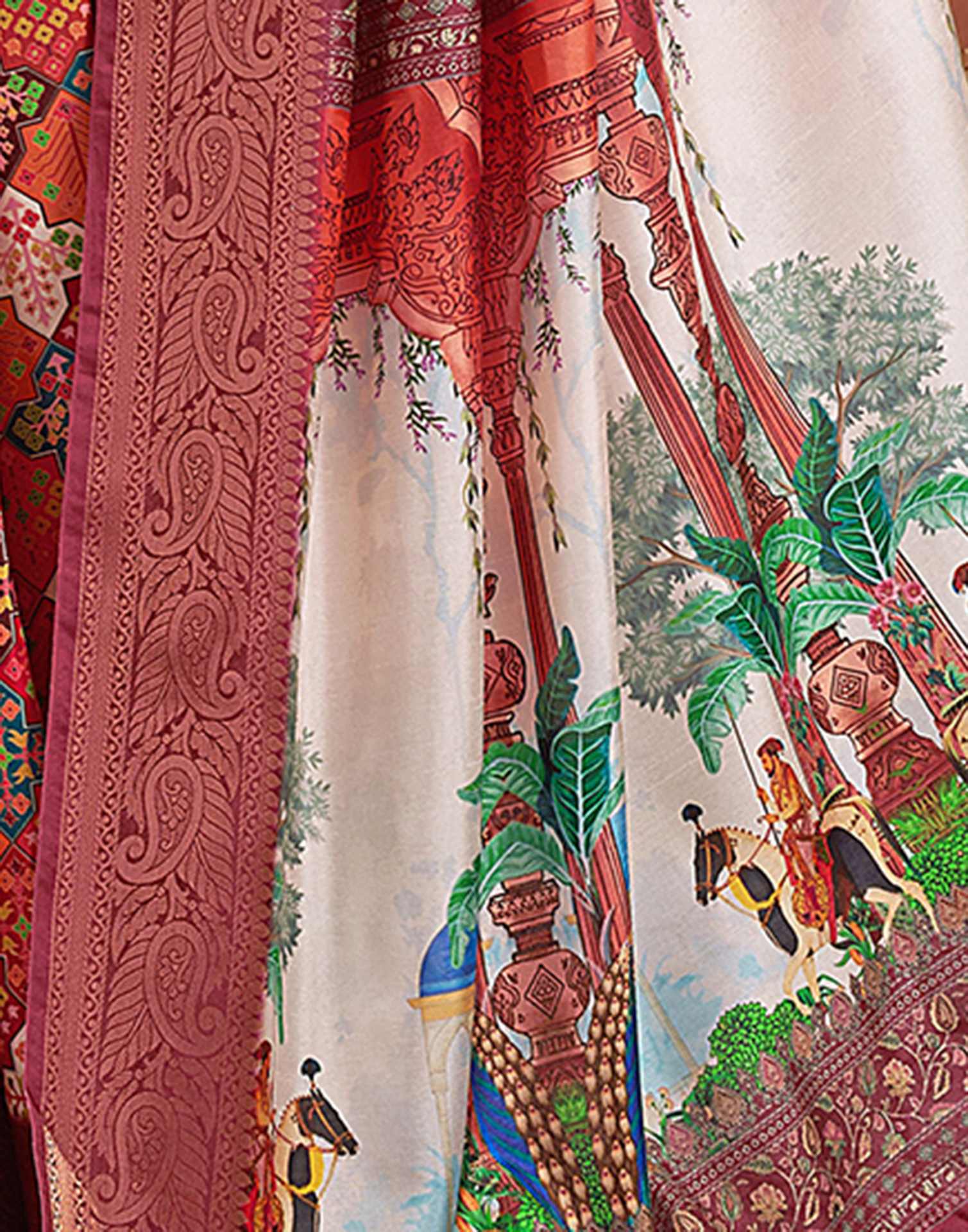 Orange Tussar Silk Printed Saree