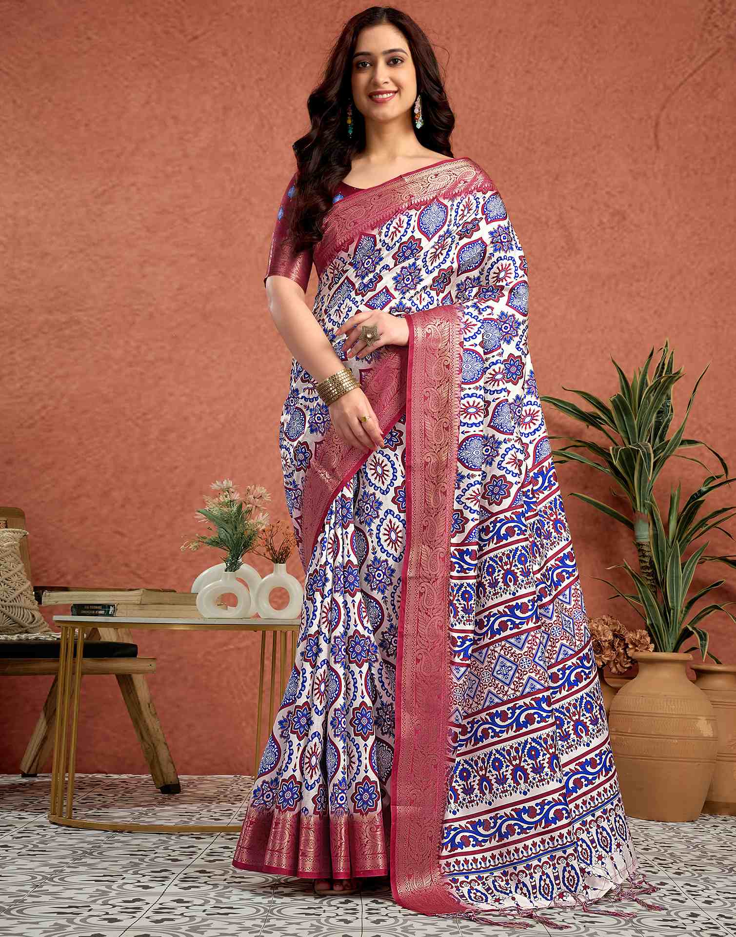 White Tussar Silk Printed Saree