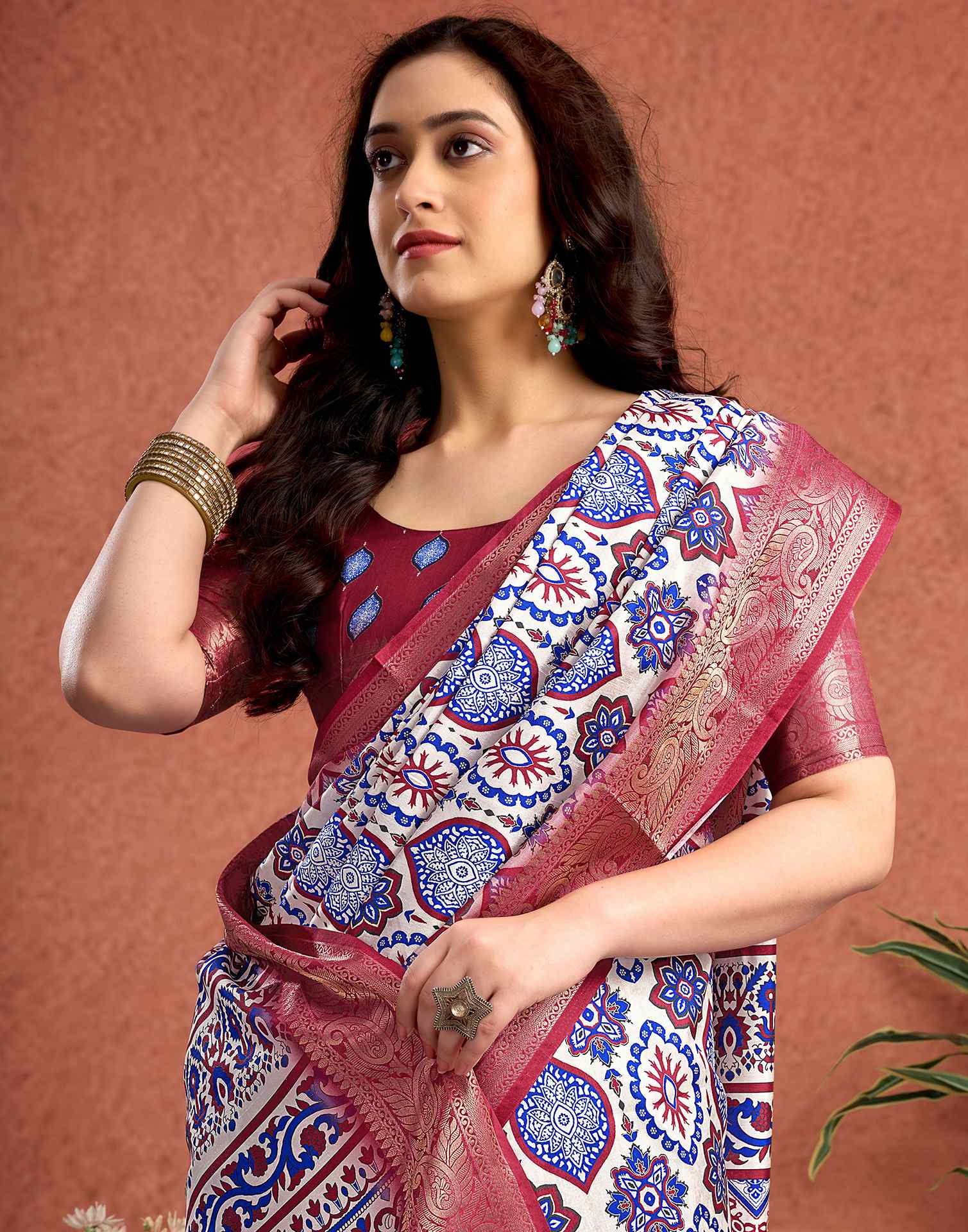 White Tussar Silk Printed Saree