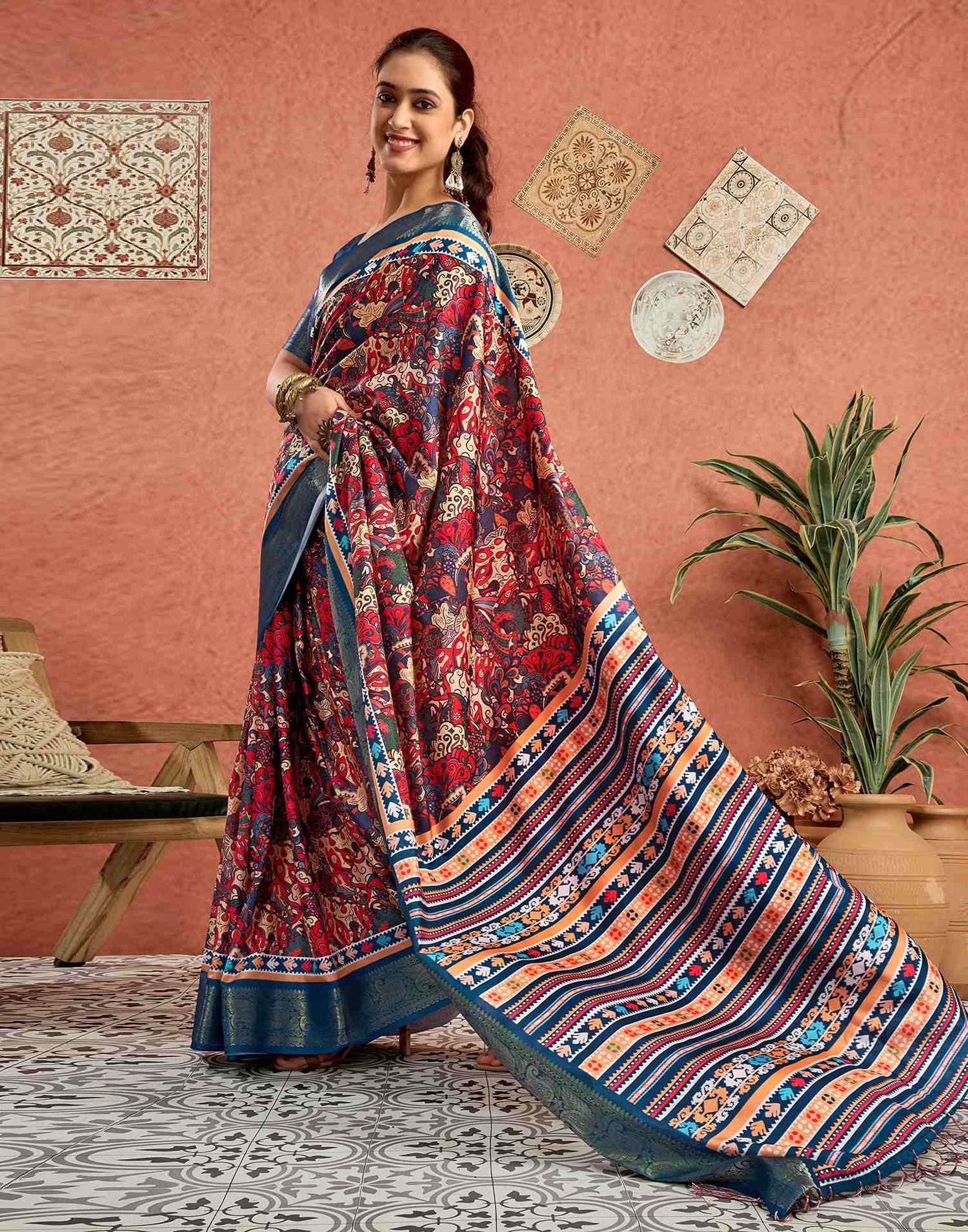 Multicoloured Tussar Silk Printed Saree