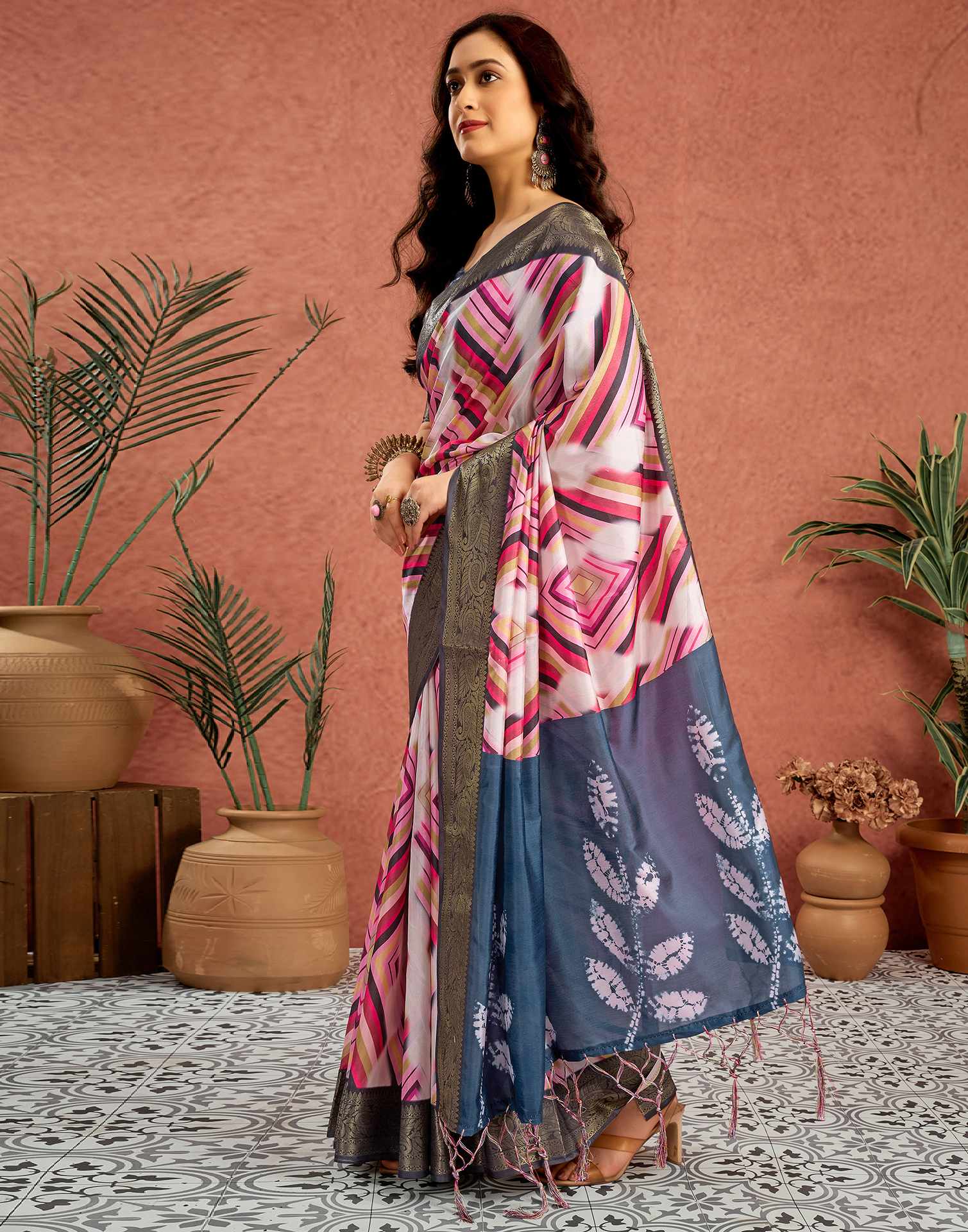 White Tussar Silk Printed Saree