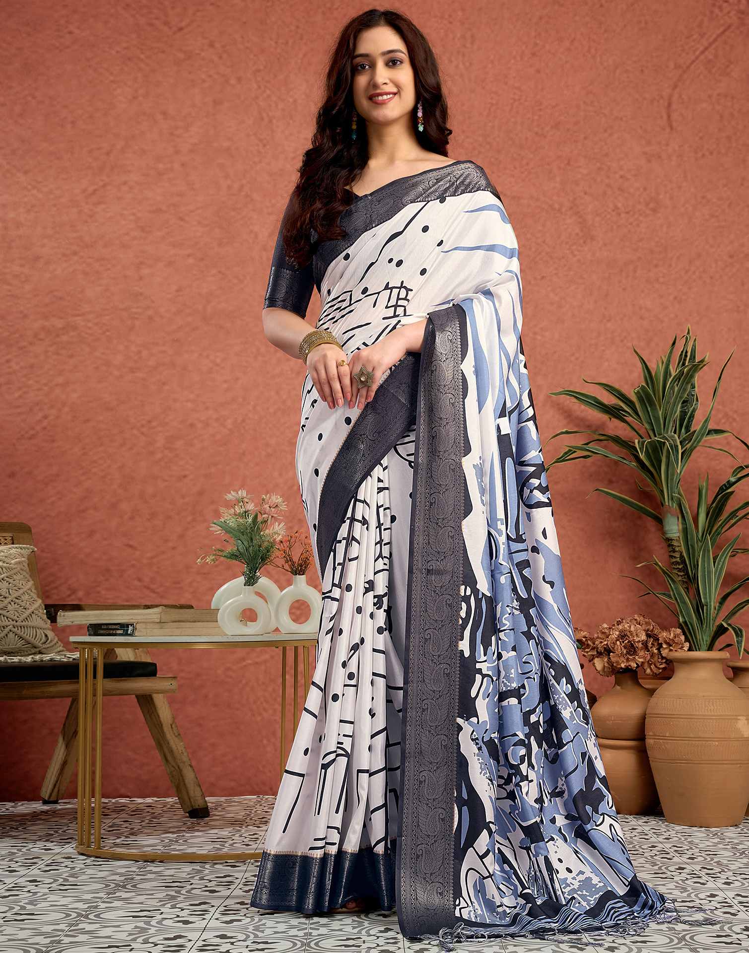 White Tussar Silk Printed Saree