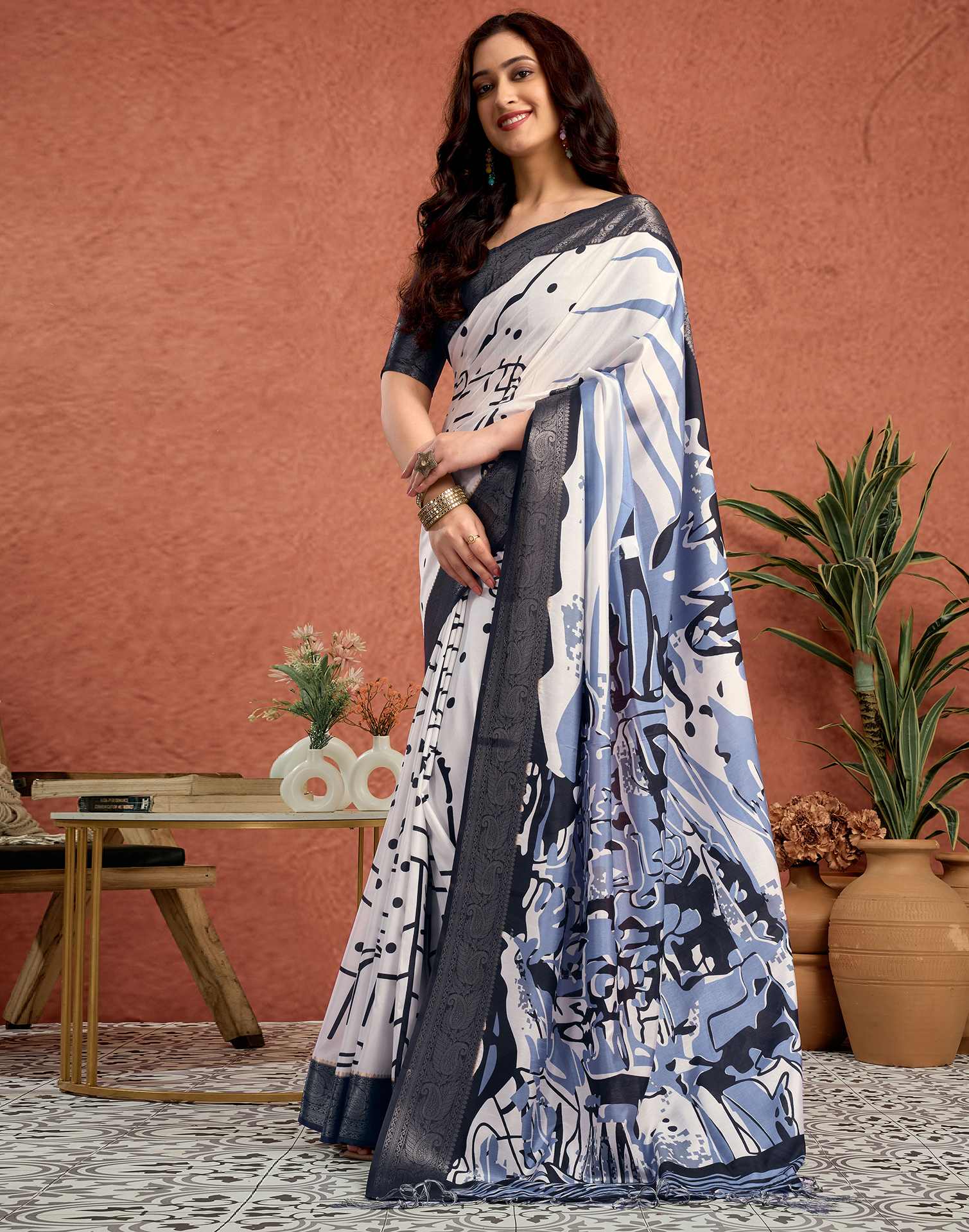 White Tussar Silk Printed Saree