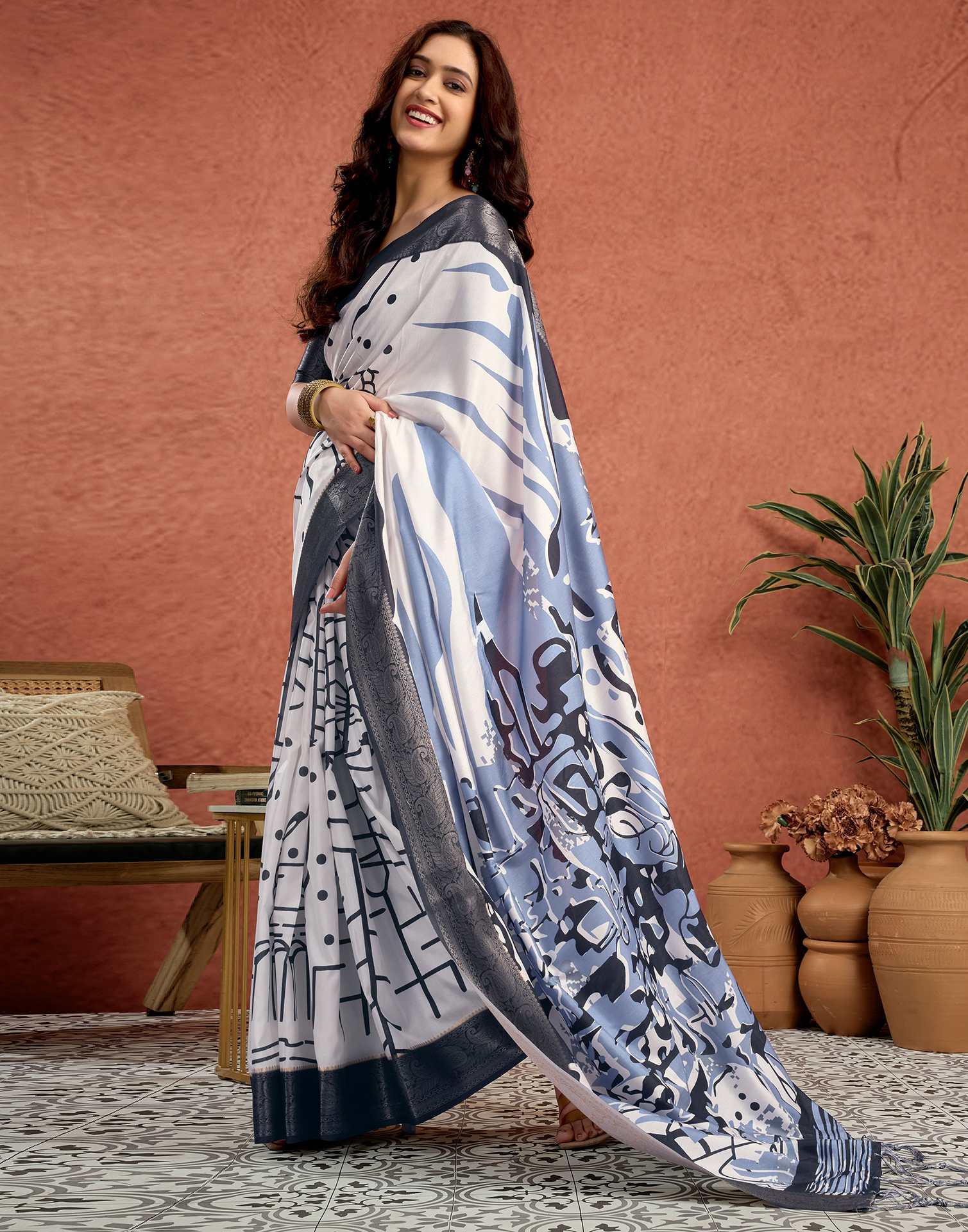 White Tussar Silk Printed Saree