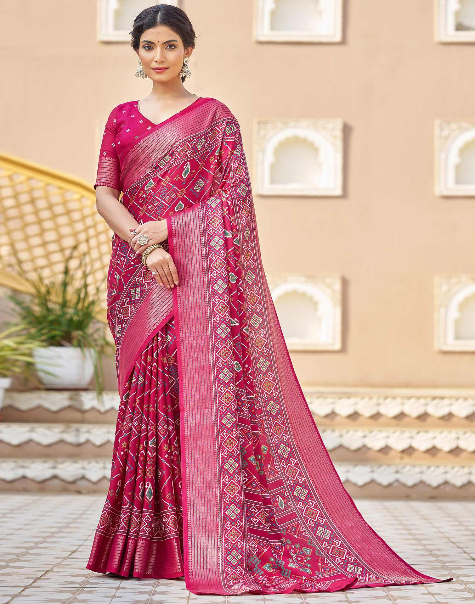 Rani Pink Silk Printed Patola Saree