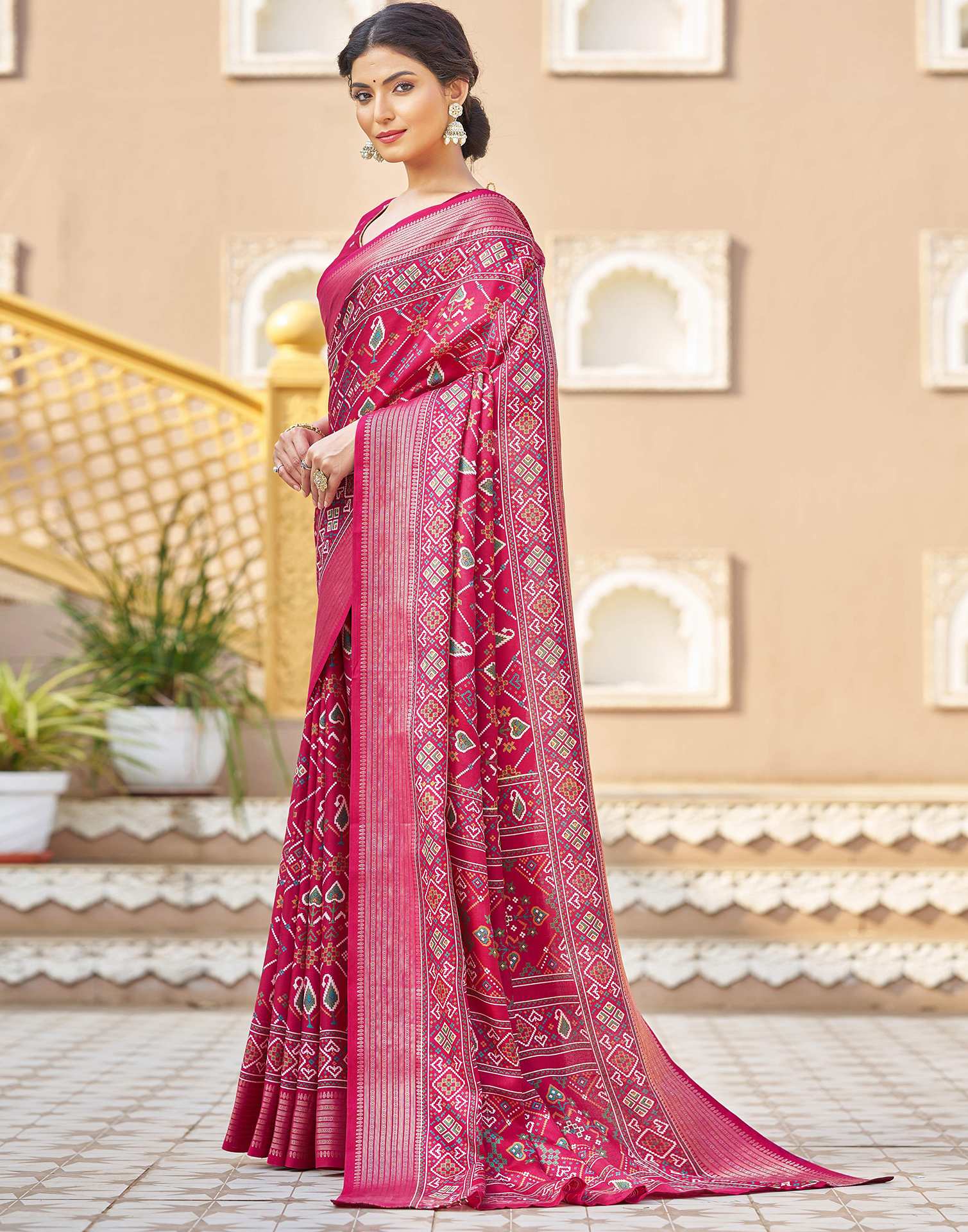 Rani Pink Silk Printed Patola Saree