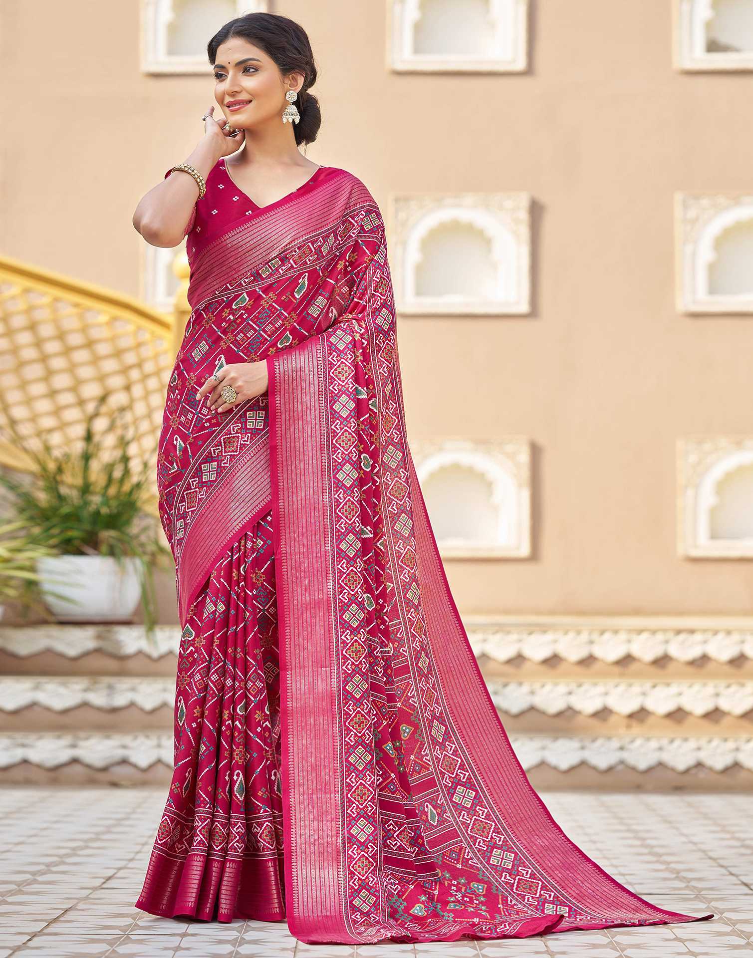 Rani Pink Silk Printed Patola Saree