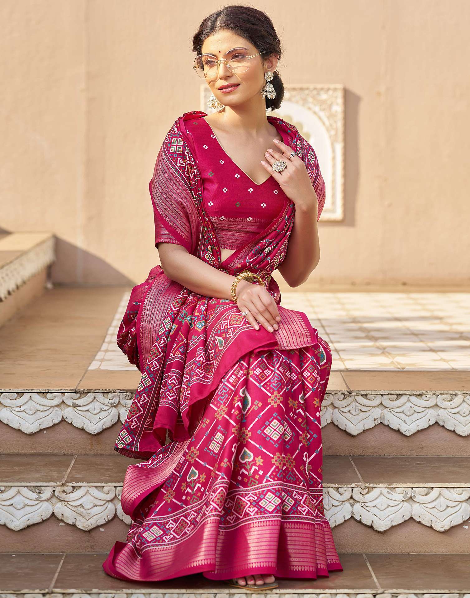 Rani Pink Silk Printed Patola Saree