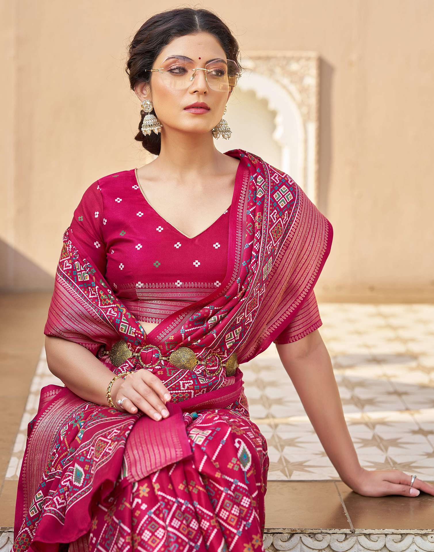 Rani Pink Silk Printed Patola Saree