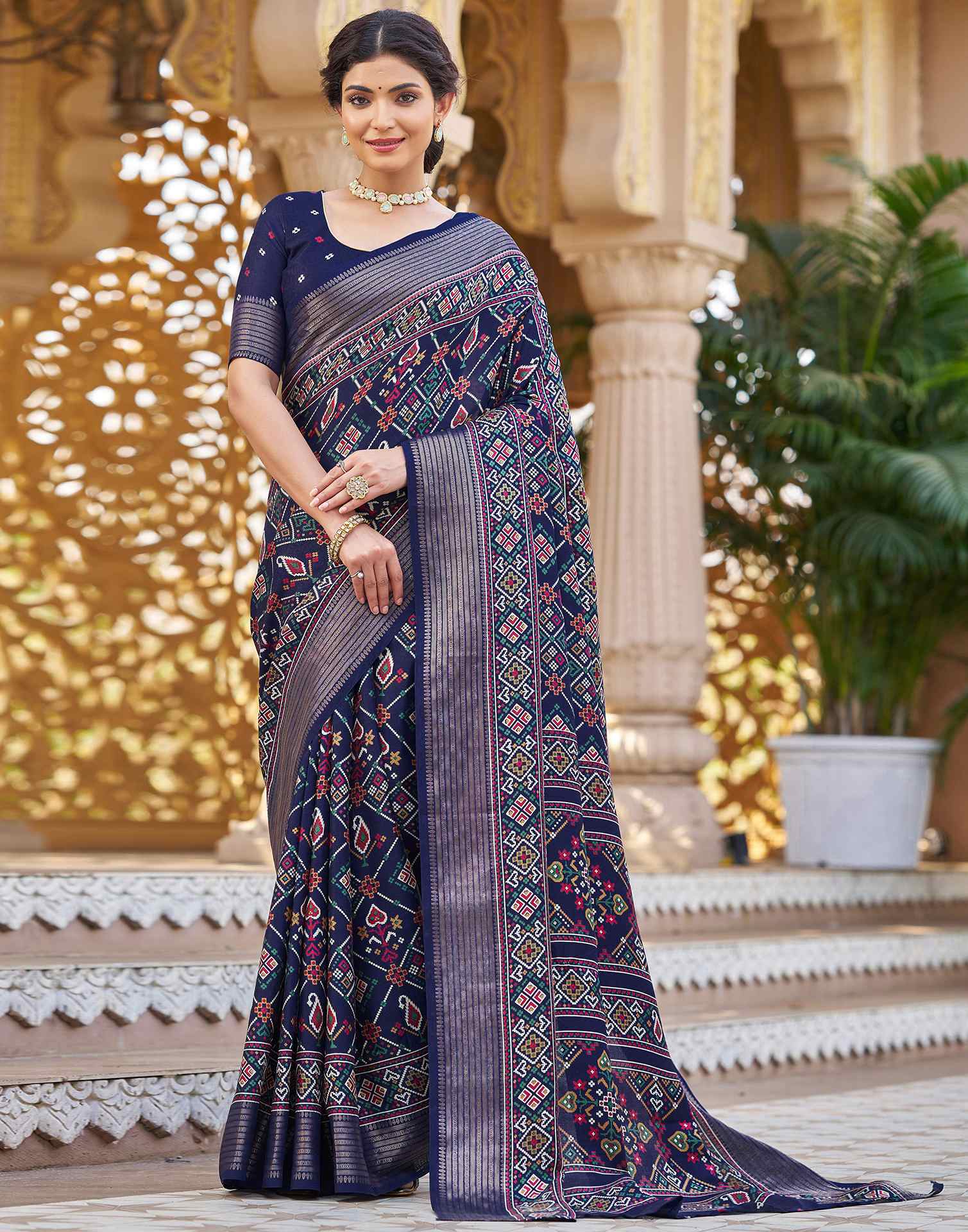 Navy Blue Silk Printed Patola Saree