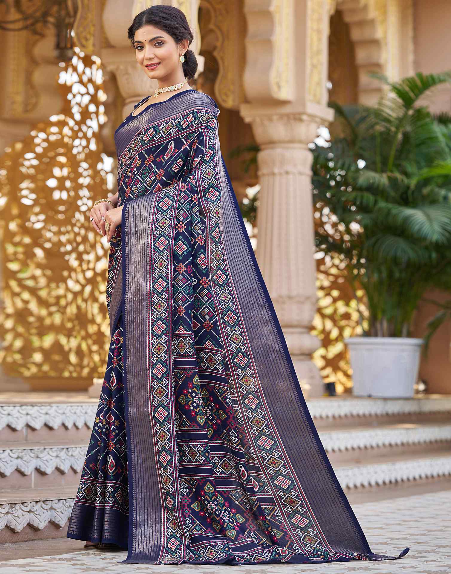 Navy Blue Silk Printed Patola Saree