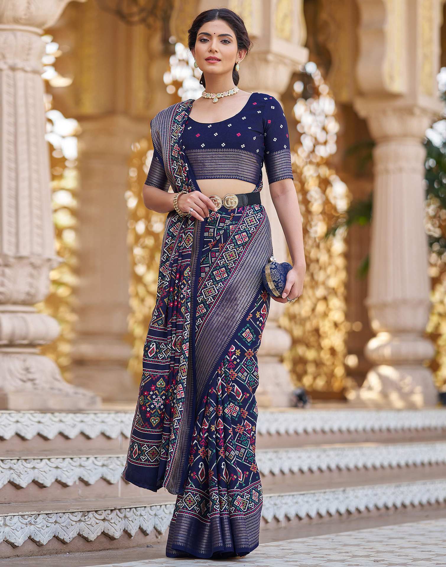 Navy Blue Silk Printed Patola Saree