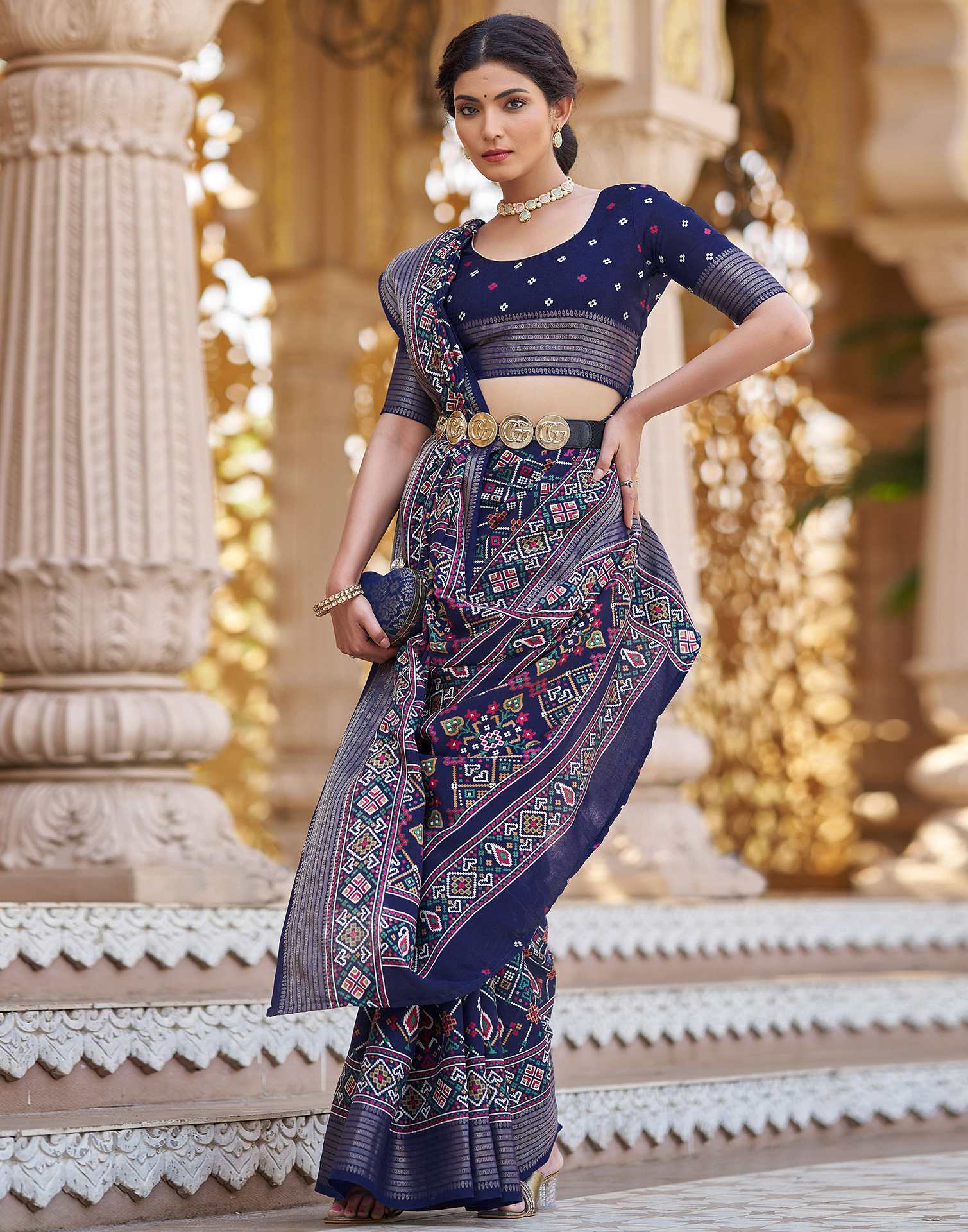 Navy Blue Silk Printed Patola Saree
