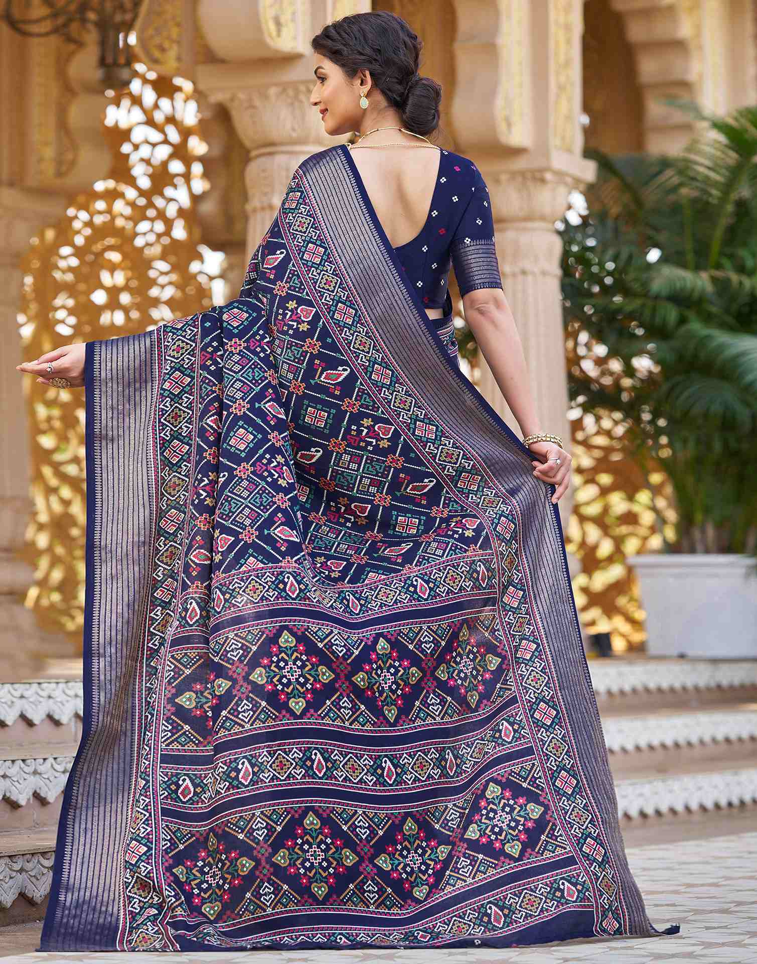 Navy Blue Silk Printed Patola Saree