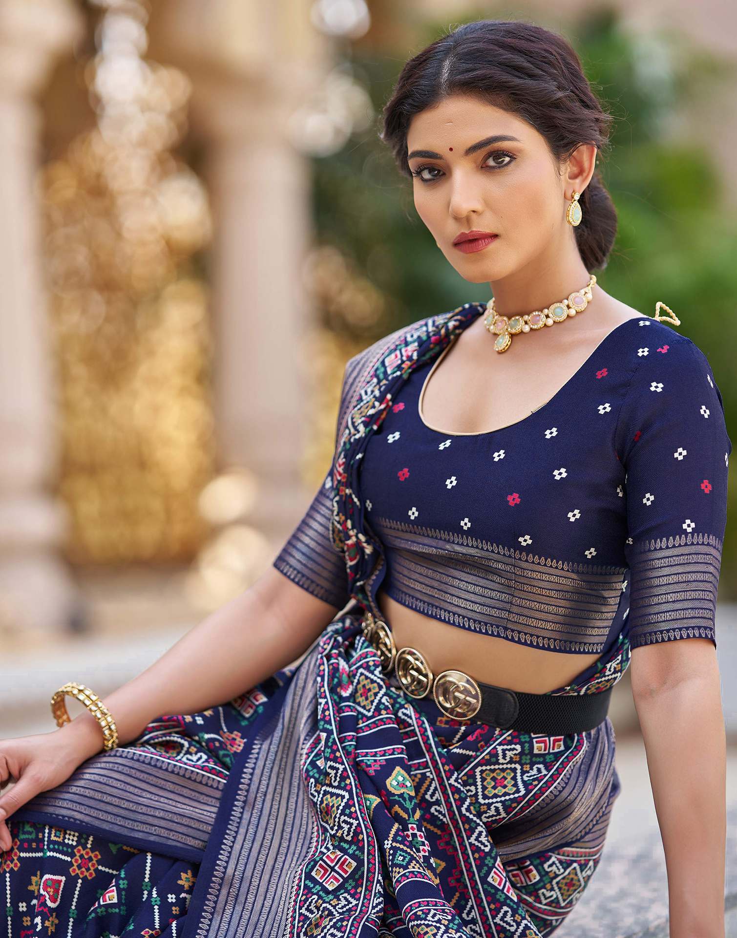 Navy Blue Silk Printed Patola Saree