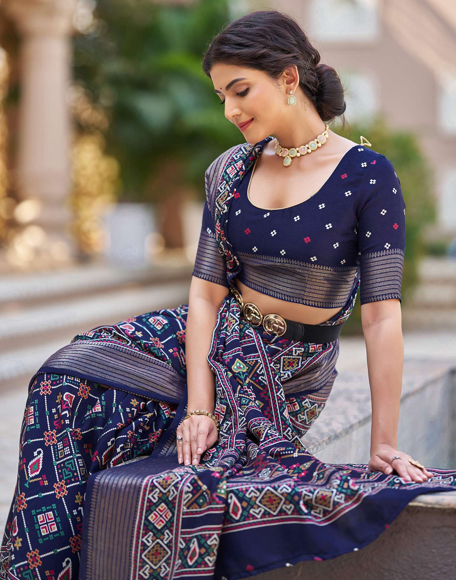 Navy Blue Silk Printed Patola Saree