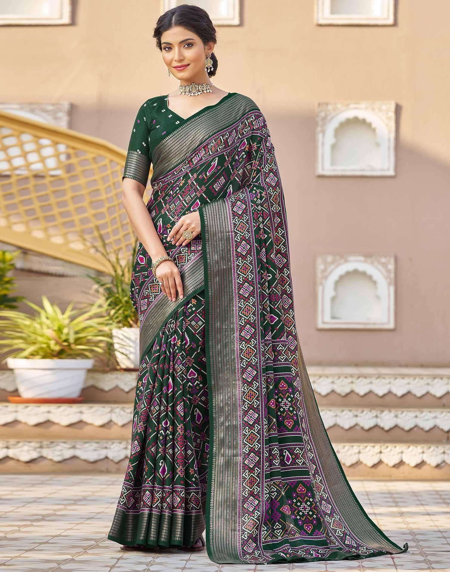 Dark Green Silk Printed Patola Saree