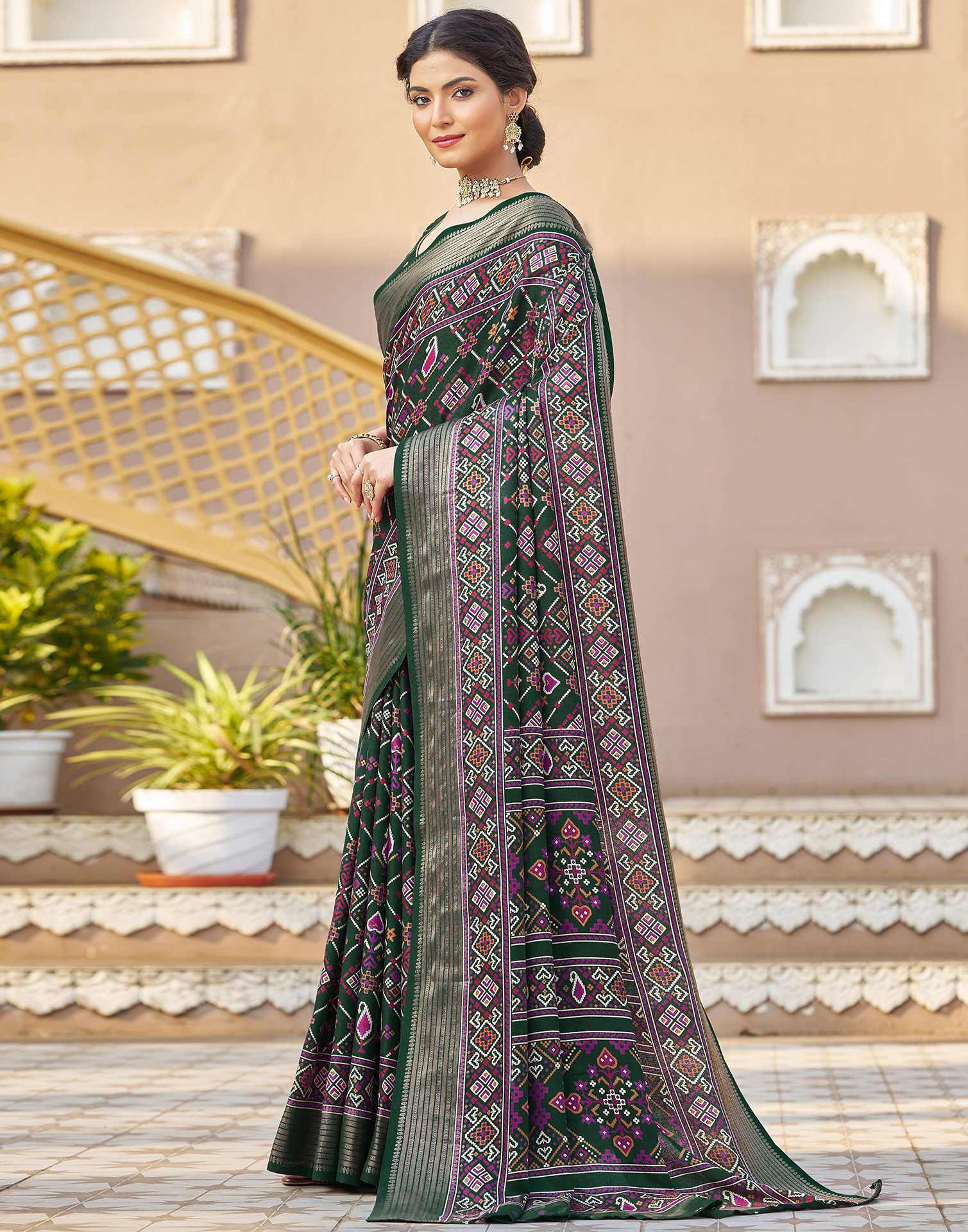 Dark Green Silk Printed Patola Saree