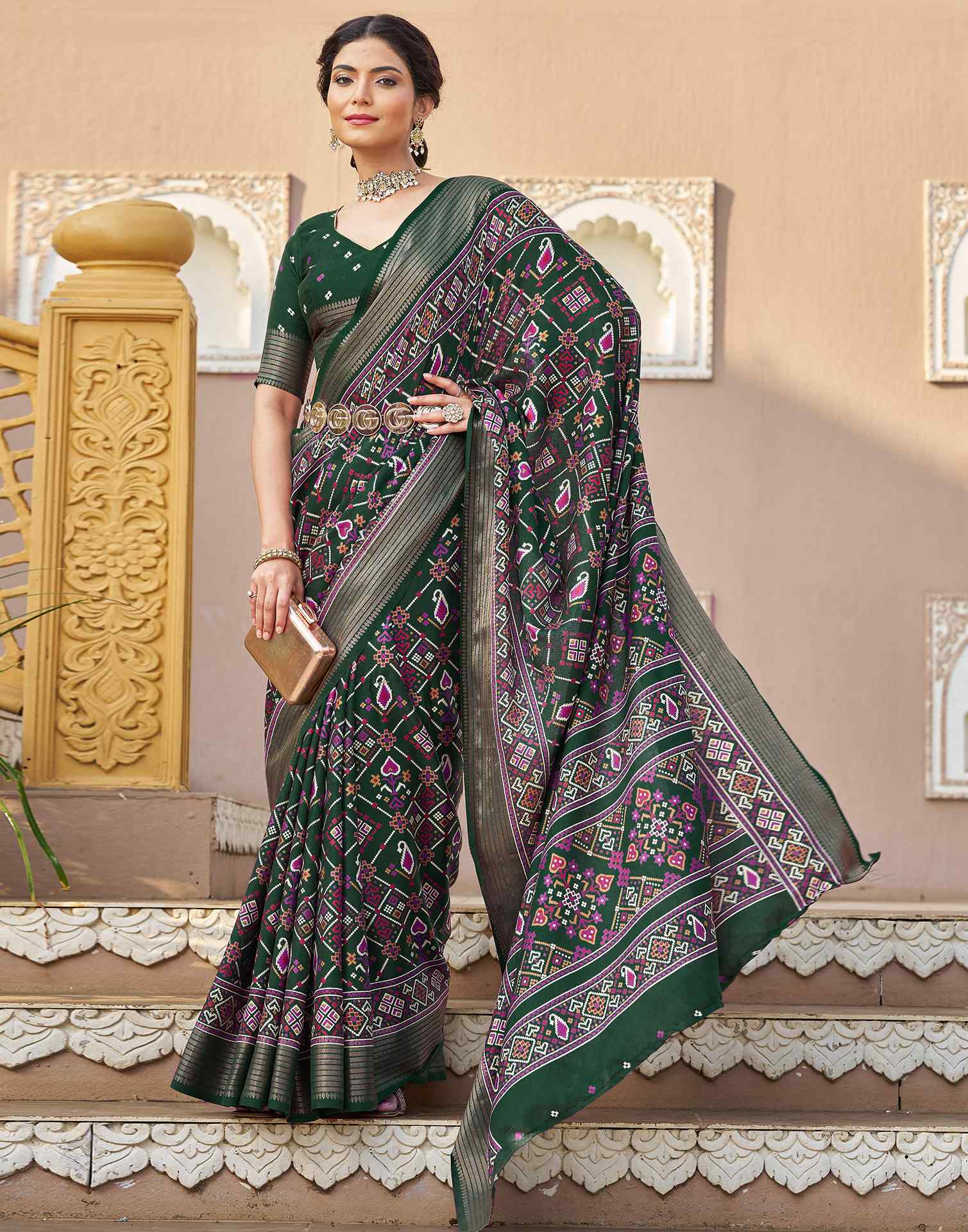 Dark Green Silk Printed Patola Saree