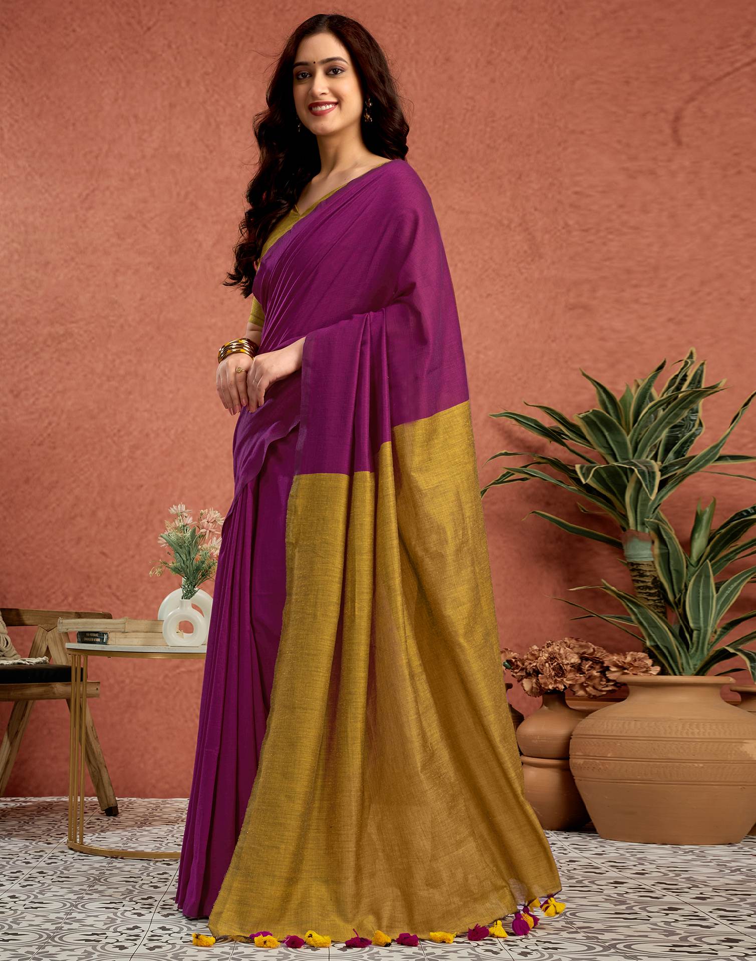 Mustard Yellow Linen Top Dyed Solid Saree