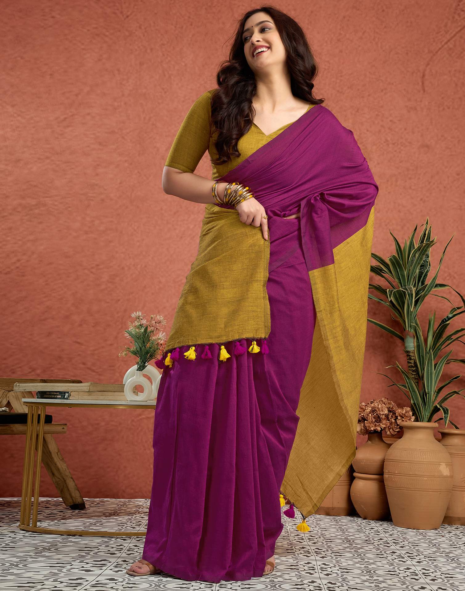 Mustard Yellow Linen Top Dyed Solid Saree