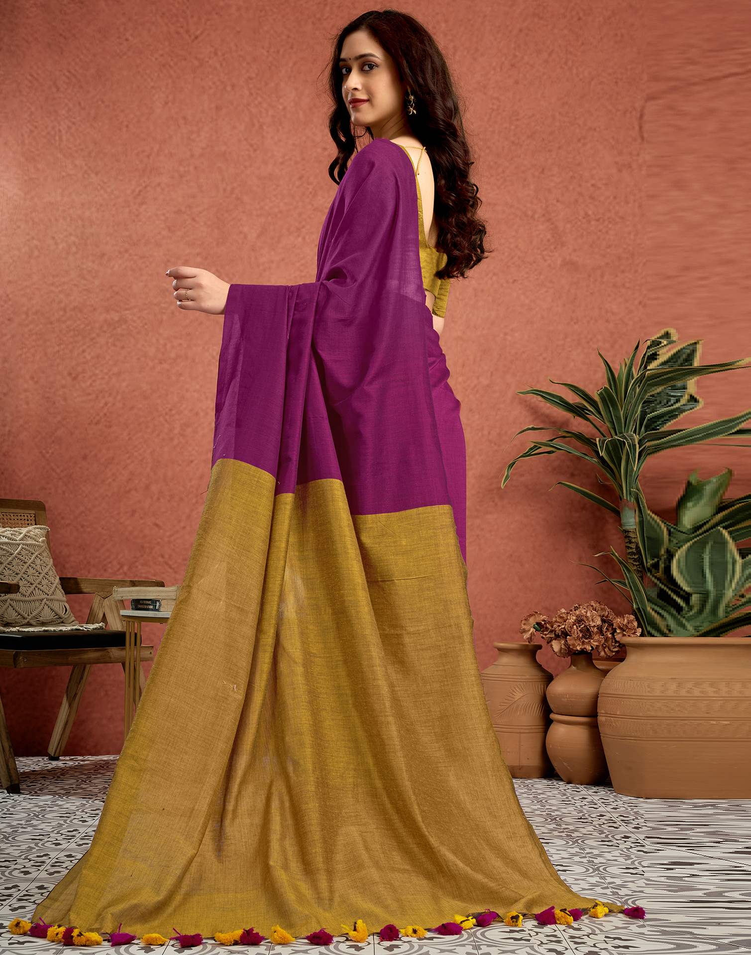 Mustard Yellow Linen Top Dyed Solid Saree