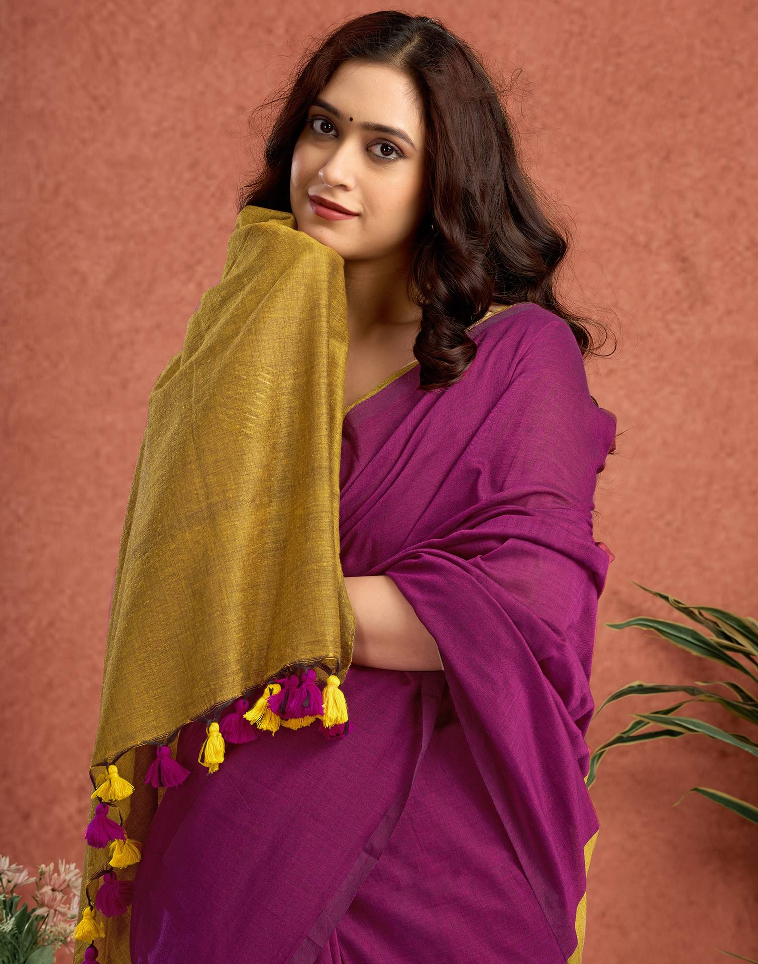 Mustard Yellow Linen Top Dyed Solid Saree