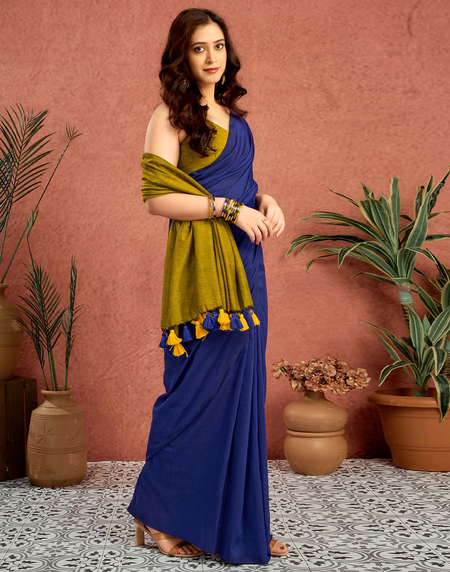 Lime Green Linen Top Dyed Solid Saree