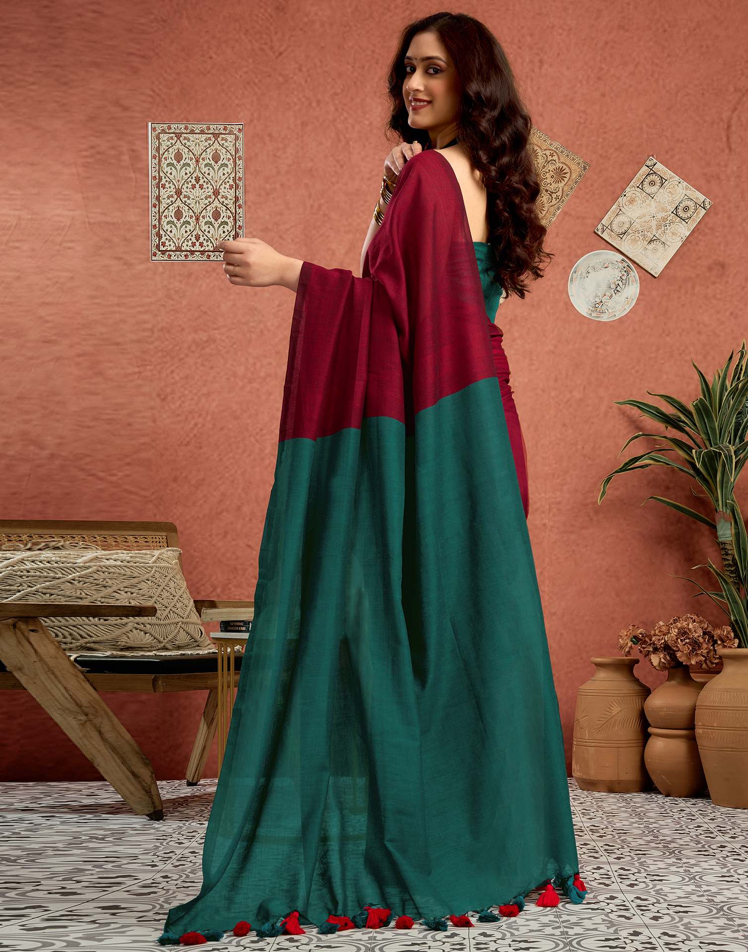 Teal Green Linen Top Dyed Solid Saree