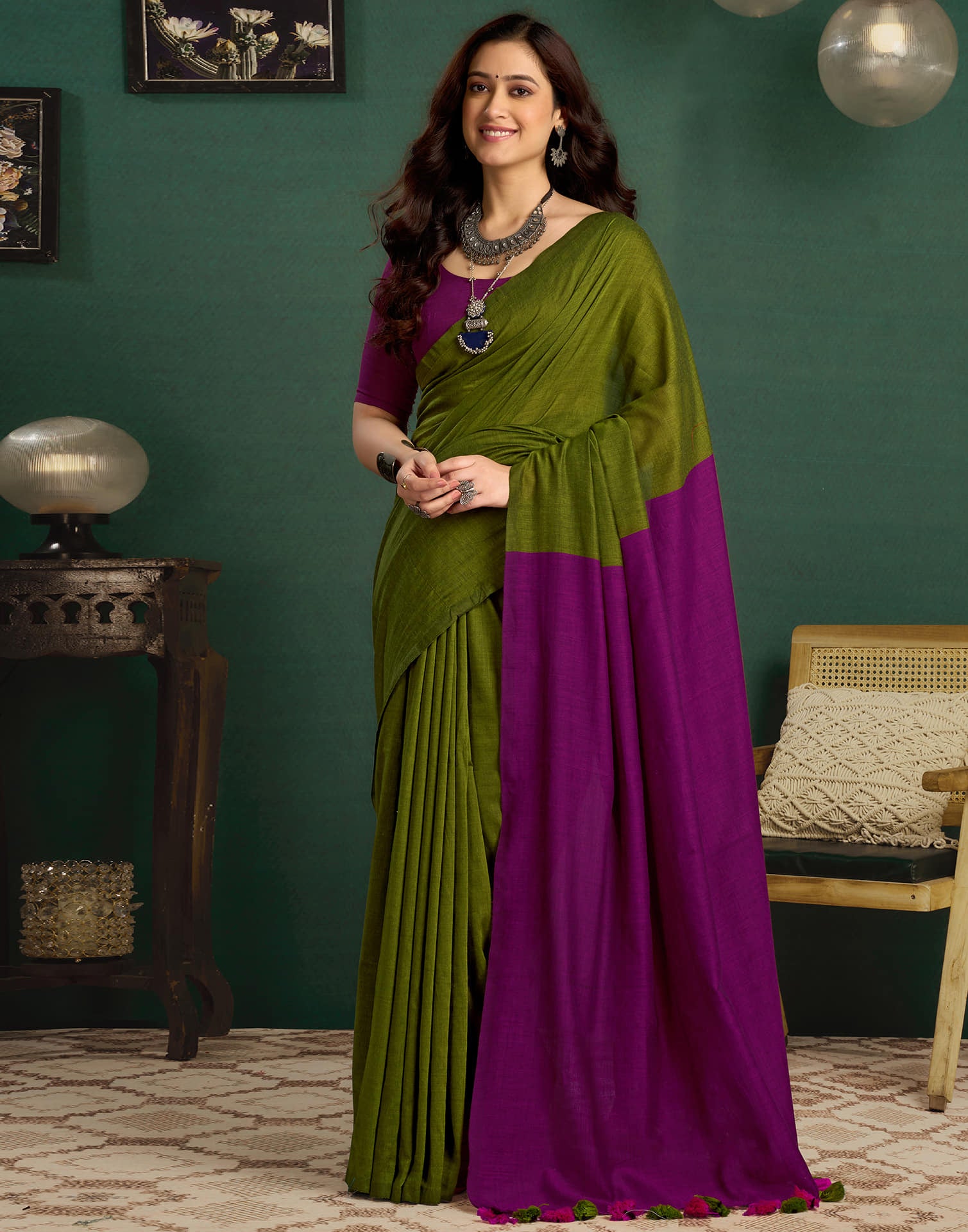 Green Linen Top Dyed Solid Saree