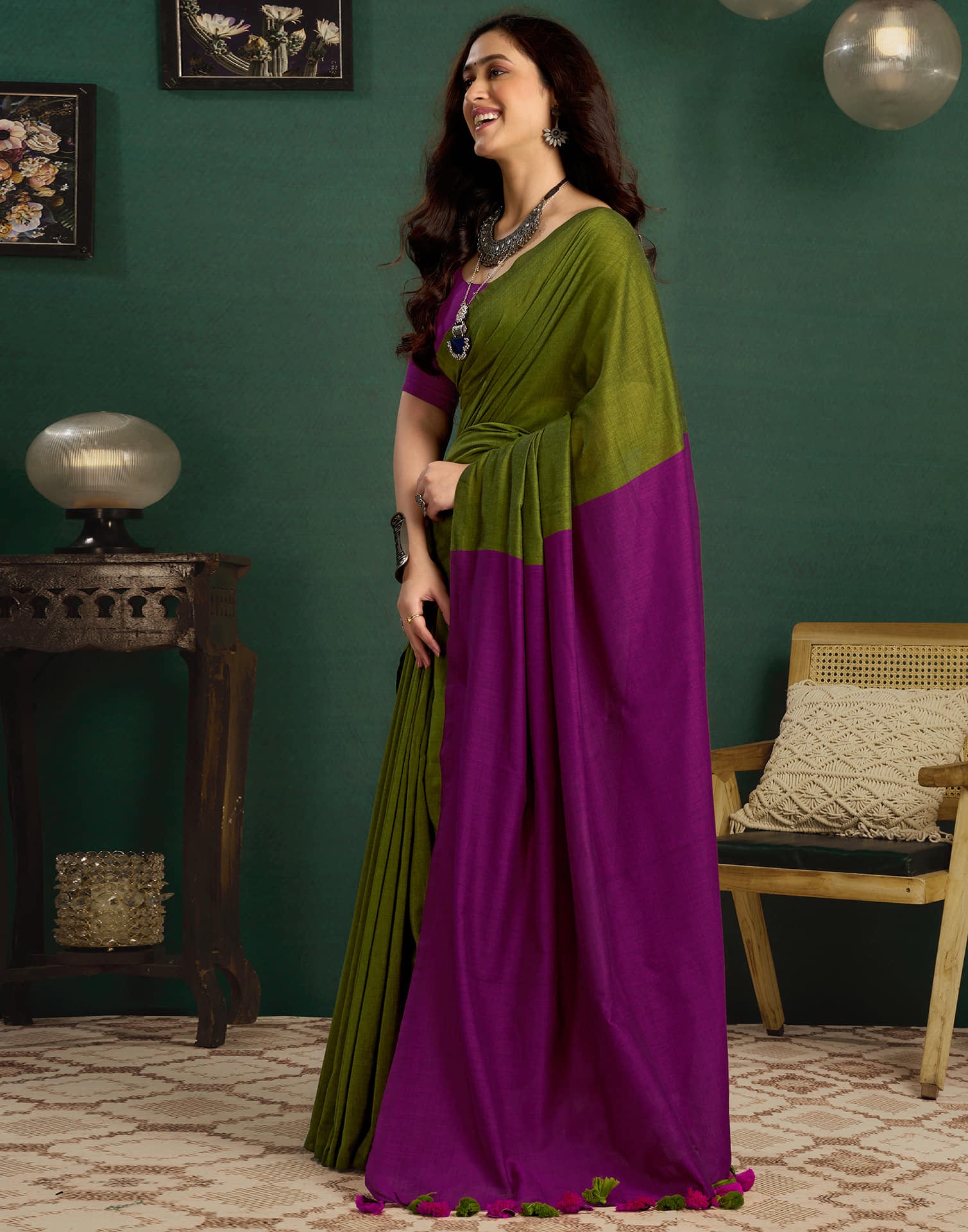 Green Linen Top Dyed Solid Saree