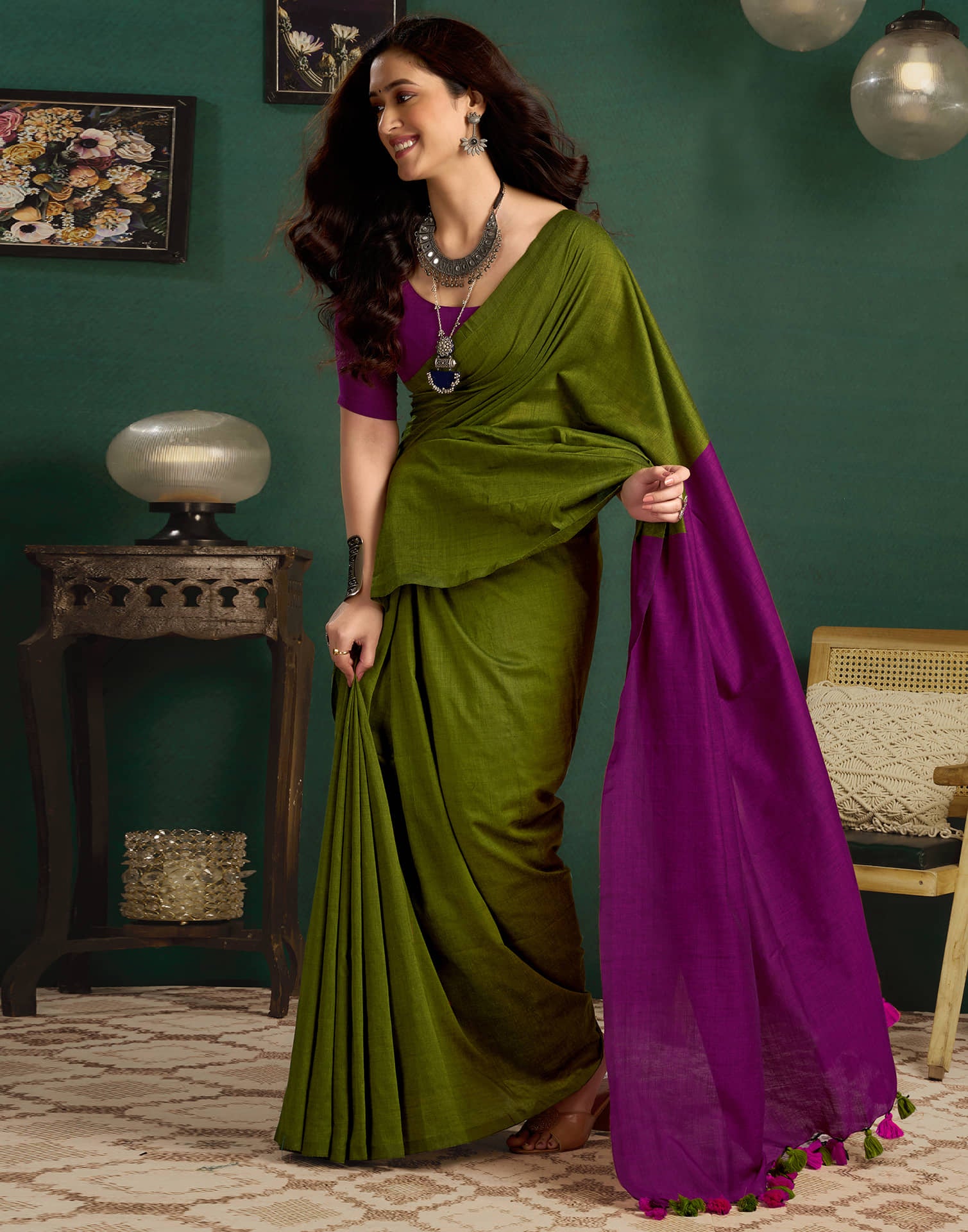 Green Linen Top Dyed Solid Saree